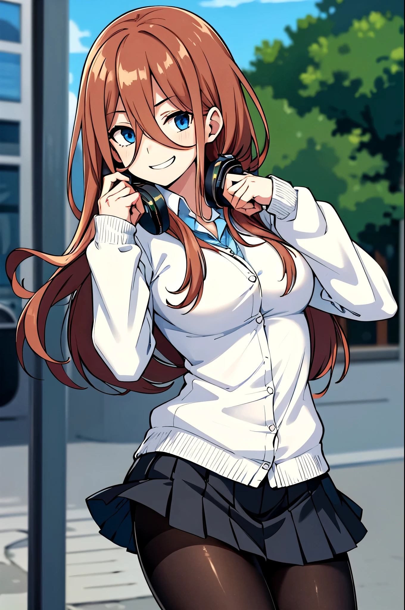 (masterpiece), best quality, expressive eyes, perfect face, highres, 1 girl, solo, miku nakano, long hair, bangs, blue eyes, brown hair, shirt, hair between eyes, headphones, cardigan, headphones around neck, skirt, shirt, long sleeves, white shirt, pantyhose, pleated skirt, black pantyhose, cardigan, green skirt, blue cardigan, outdoor, schoolyard, smiling, leaning forward, hands to back, standing, cowboy shot, looking at the viewer