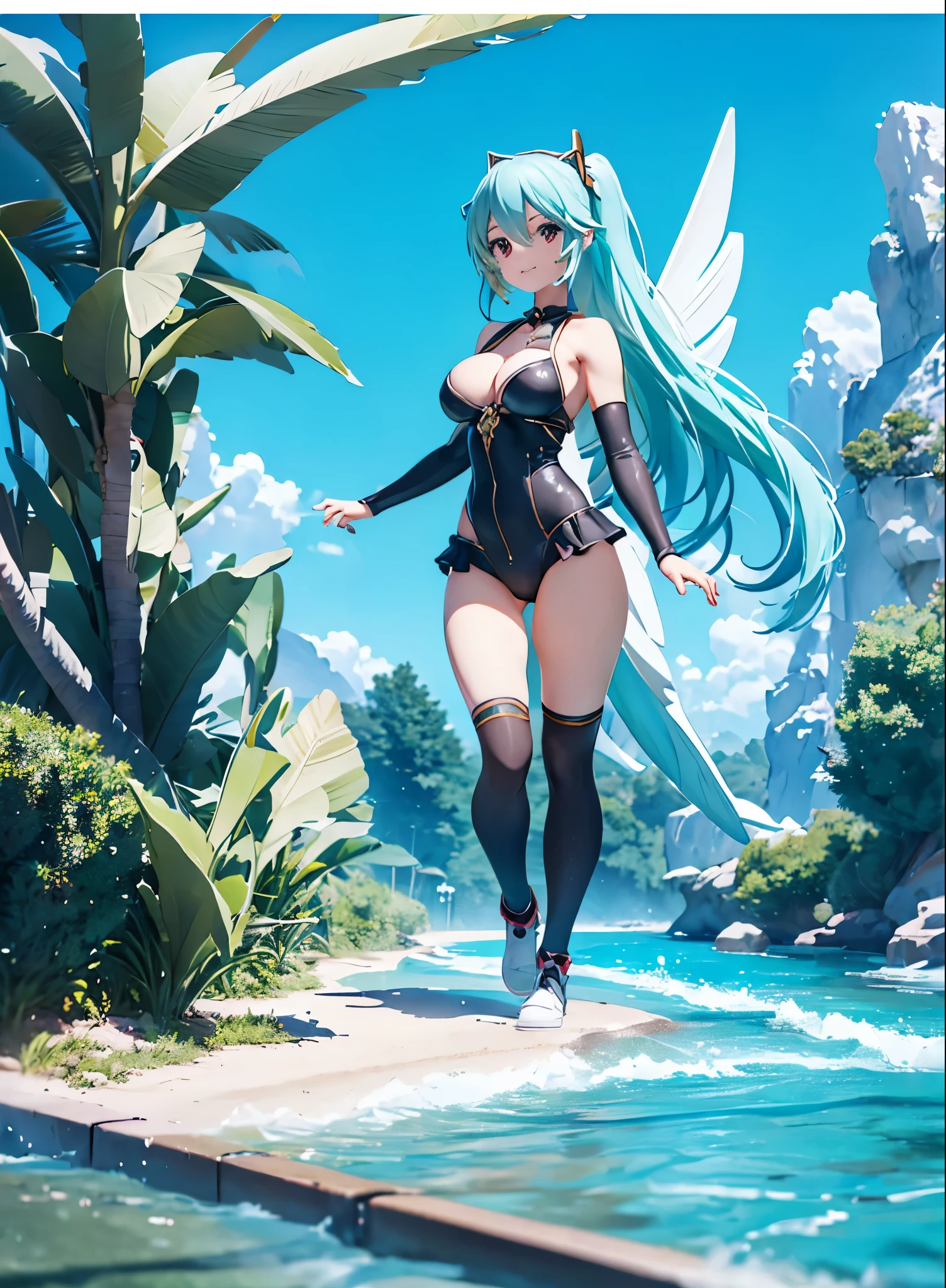 (dynamic angle:1.4), ((full body pose:1.5),2. 5 d cgi anime fantasy artwork, official character art, Kushart Krenz Key Art Feminine, shadowverse character concept, 3 d render official art, anime goddess, jrpg character art, render of a cute 3d anime girl,Hatsune Miku,Swim with dolphins on the ocean floor,beautiful breasts,Diving suit,snorkel,Sand,A sly smile