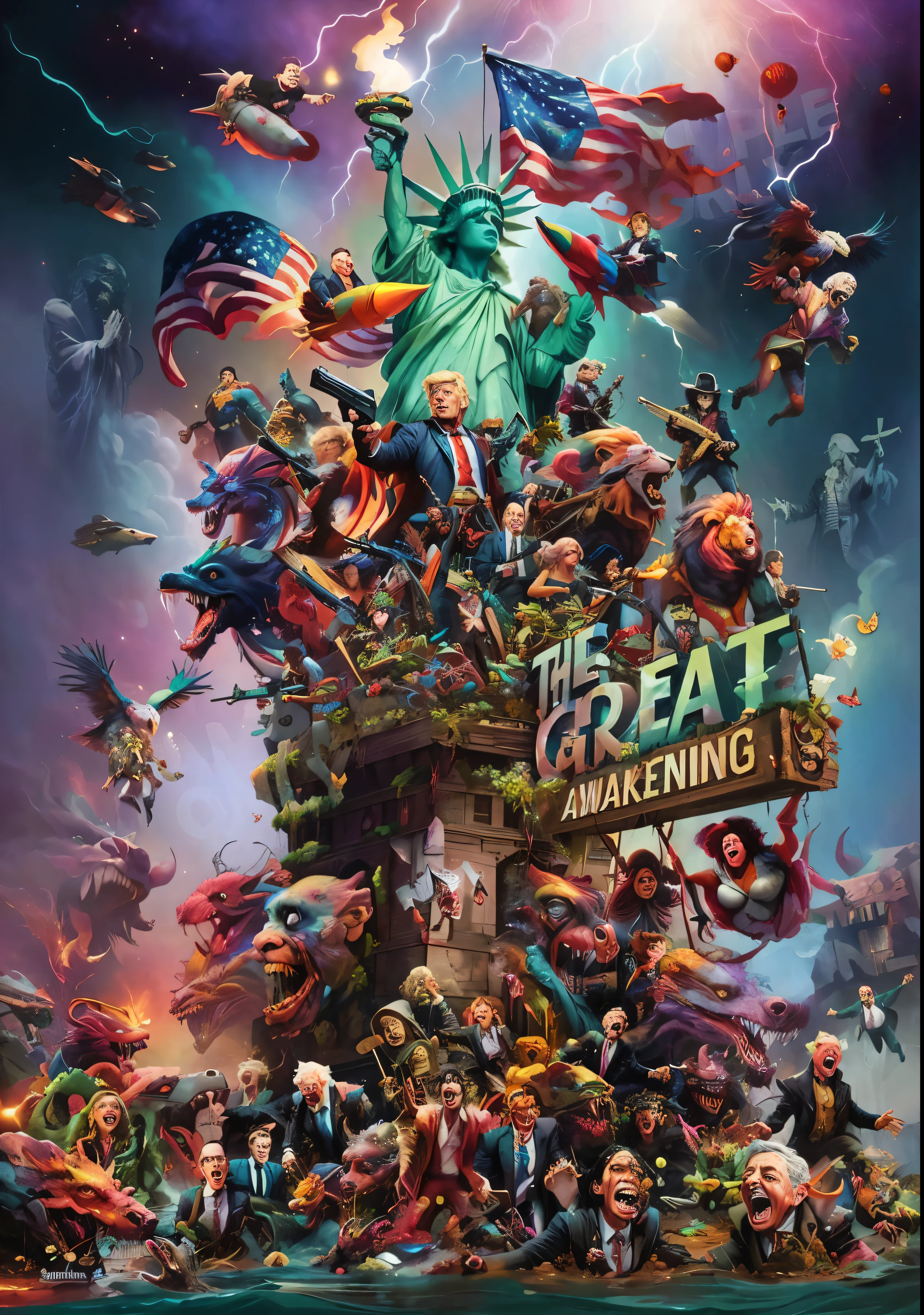 the poster for the movie the great awakening, official artwork, beeple. hyperrealism, painting by dan mumford, thomas kinkade and tristan eaton, dan mumford and pixar, official poster artwork, ( ( ( ( ( dan mumford ) ) ) ) ), realism | beeple, by Dan Mumford, dan mumford. maya render, dan mumford and albert bierstadt
