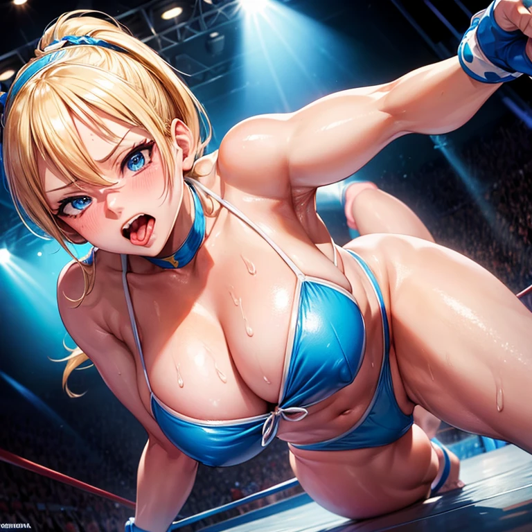 R mika wrestler in a bikini sitting on the corner of the turnbuckle in the ring sweating with tongue out