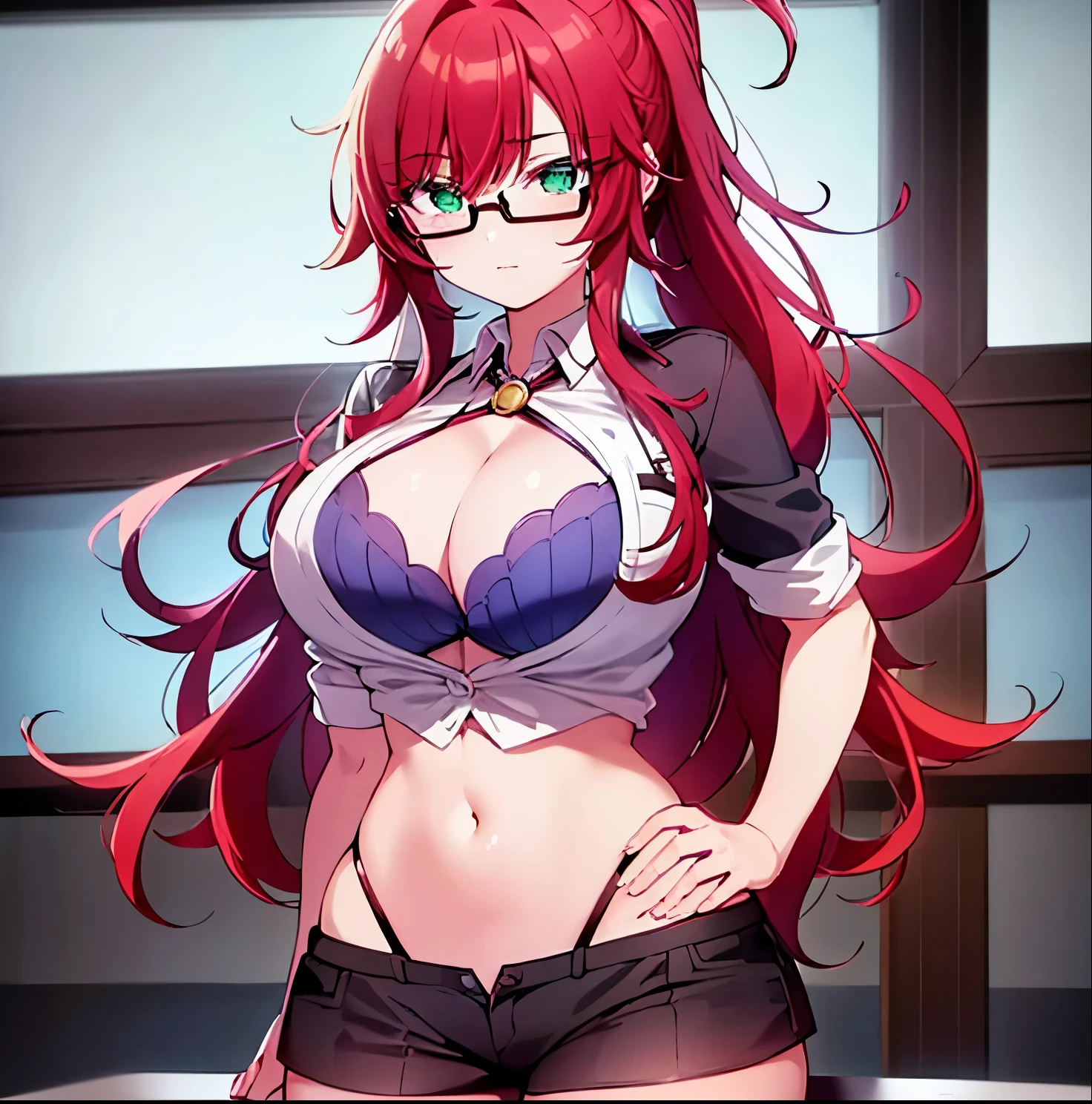 1girl,alone, yakuzen large, red hair, (green eyes:1.3), ponytail, ahoge, glasses, semi-rimless eyewear, labcoat, cleavage, underwear, bra purple , indoors, classroom, looking at viewer, (cowboy shot:1.5), (masterpiece:1.2), best quality, high resolution, unity 8k wallpaper, (illustration:0.8), (beautiful detailed eyes:1.6), extremely detailed face, perfect lighting, extremely detailed CG, (perfect hands, perfect anatomy),