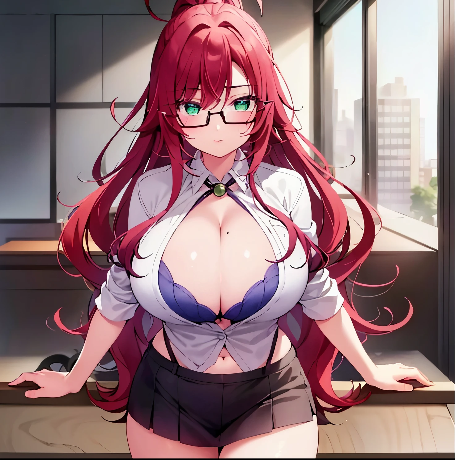 1girl,alone, yakuzen large, red hair, (green eyes:1.3), ponytail, ahoge, glasses, semi-rimless eyewear, labcoat, cleavage, underwear, bra purple , indoors, classroom, looking at viewer, (cowboy shot:1.5), (masterpiece:1.2), best quality, high resolution, unity 8k wallpaper, (illustration:0.8), (beautiful detailed eyes:1.6), extremely detailed face, perfect lighting, extremely detailed CG, (perfect hands, perfect anatomy),