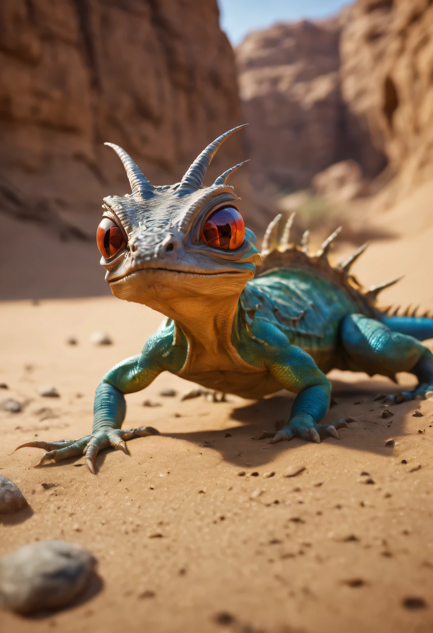 planet Tattooine,deep sand stone canyon,alien lizards with man frills,bright colors,huge eyes,many sharp teeth,fight over a nest of bugs,(best quality,4k,8k,highres,masterpiece:1.2),ultra-detailed,(realistic,photorealistic,photo-realistic:1.37),portrait,landscape,vivid colors,bokeh,warm color tones,dramatic lighting.