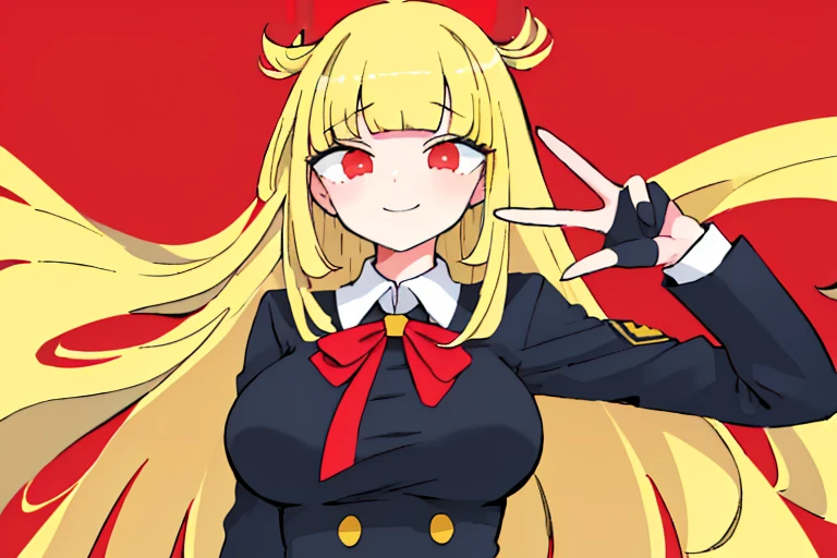 1 girl, Solo, Mature female, (Blonde, Straight hair, Absurdly long hair, Blunt bangs: 1.2), Red eyes, Huge breasts, School uniform, Smile, V-sign