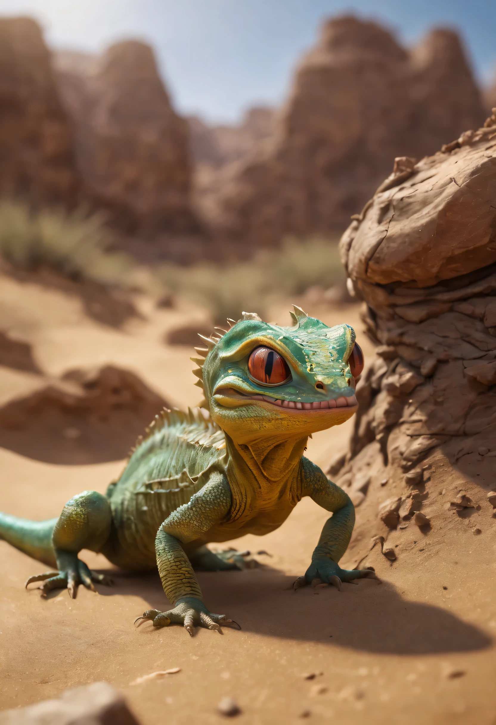 planet Tattooine,deep sand stone canyon,alien lizards with man frills,bright colors,huge eyes,many sharp teeth,fight over a nest of bugs,(best quality,4k,8k,highres,masterpiece:1.2),ultra-detailed,(realistic,photorealistic,photo-realistic:1.37),portrait,landscape,vivid colors,bokeh,warm color tones,dramatic lighting.