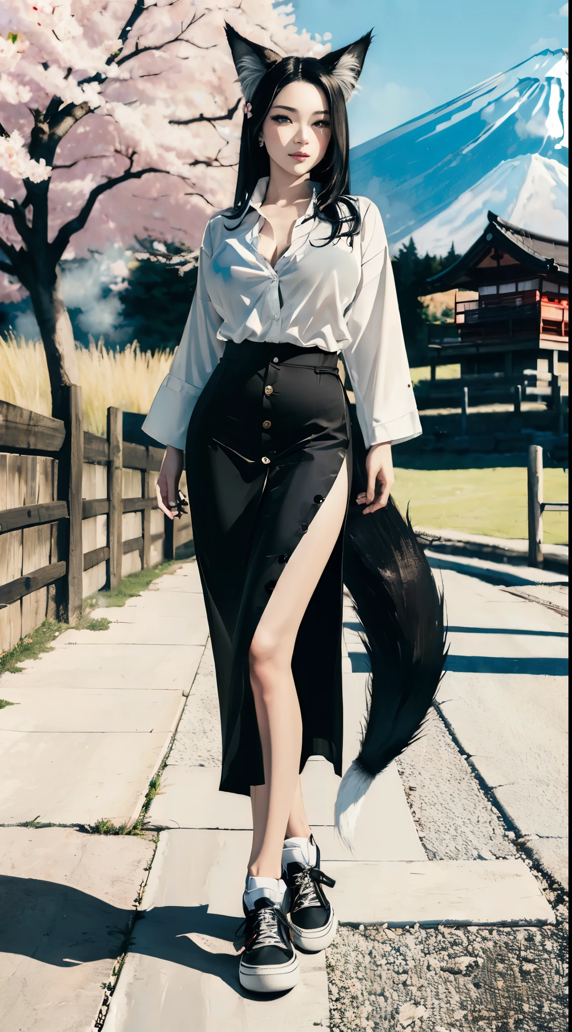 ((Beautiful 35_year_old japanese_yokai_woman with pale skin):1.5), ((long_black_hair and black_yokai_fox_ears and yokai_fox_tail):2), ((japanese_woodlands):1), ((sagging_breasts):1.8), ((breasts_apart):1.5), ((wearing loose_long_skirt and white_button_up_shirt and black_shoes):2), ((full_body_photo):2), (smooth_skin), (perfect_fingers), ((better_eyes):1.2), ((bright_sunlight):1), ((perfect_face):2), ((beautiful_face):1.8), ((feminine_face):1.8), ((grassy_plain and cumulus_clouds):1), ((mount_fuji in distance and sakura_tree_blossoms):1.3), ((perfect_body):2), (perfect_hands), ((best_quality):1.6), (perfect_fabric):1.2), ((Masterpiece):1.6), ((Hyper_Realism):1.4), ((perfect_pose):1.2)