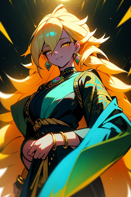 ultra-detailed, woman, yellow eyes, long hair, blonde hair, on her two hands she wears gold bracelets with a turquoise gem in them, on her two ears she wears fusion earrings, her clothes are black and gold adornments , the cloth is the sun, a face, ethereal lighting, mystical atmosphere, vibrant colors