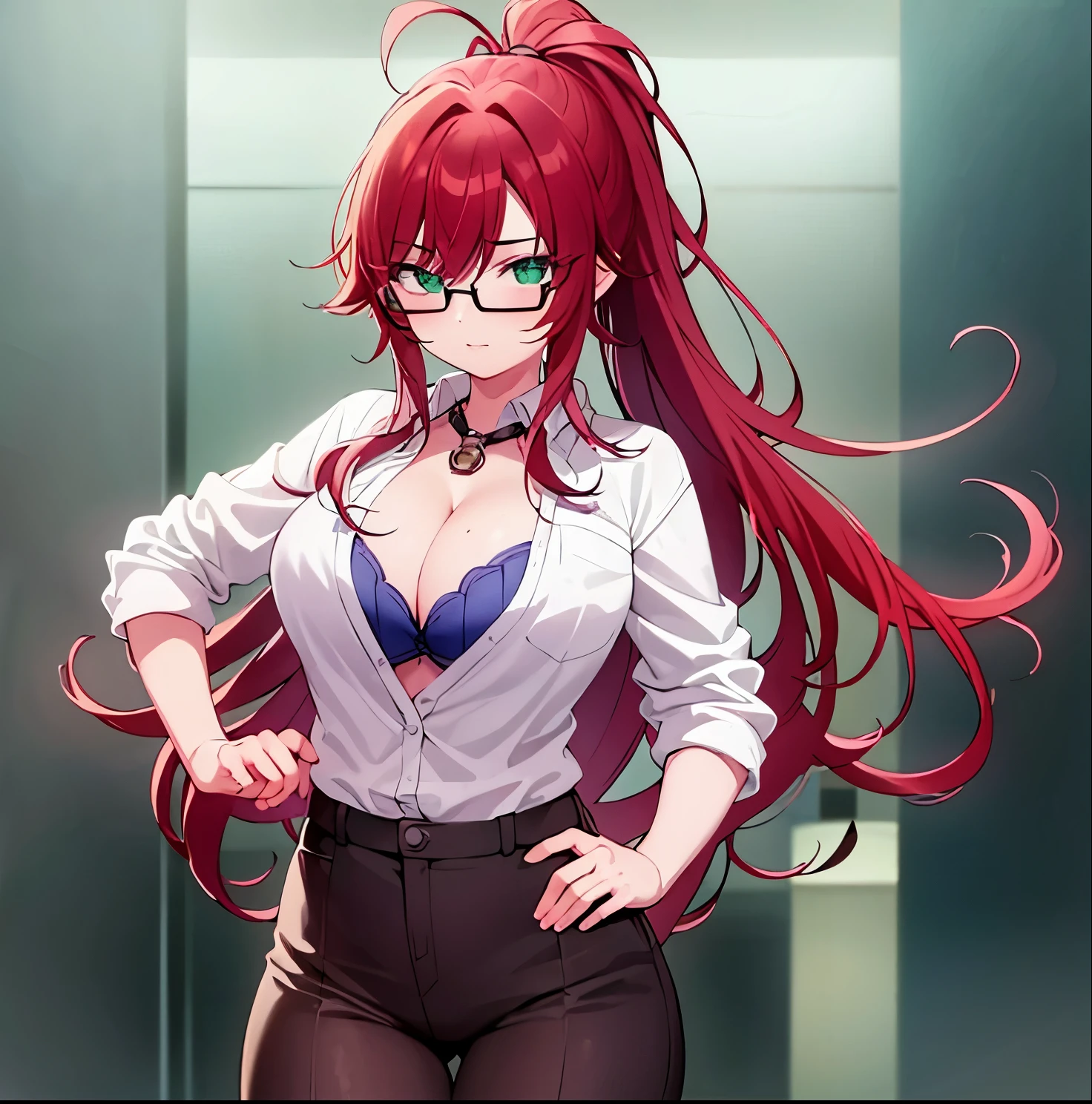 1girl,alone, yakuzen large, red hair, (green eyes:1.3), ponytail, ahoge, glasses, semi-rimless eyewear, labcoat, cleavage, underwear, bra purple , indoors, classroom, looking at viewer, (cowboy shot:1.5), (masterpiece:1.2), best quality, high resolution, unity 8k wallpaper, (illustration:0.8), (beautiful detailed eyes:1.6), extremely detailed face, perfect lighting, extremely detailed CG, (perfect hands, perfect anatomy),