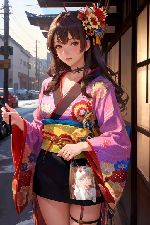 art by Cornflower, dreamy,
(masterpiece, best quality, brown hair brown eyes,gyaru,street fashion, hair ornament,choker, cowboy shot, masterpiece, best quality, cute girl in kawaii intricate ornate flower embroidery red kimono at a shrine,winter,cinematic lighting,haregi,furisode,faux fur collar,japanese hair ornament,looking at viewer,[[[happy]]],(((realistic))))  