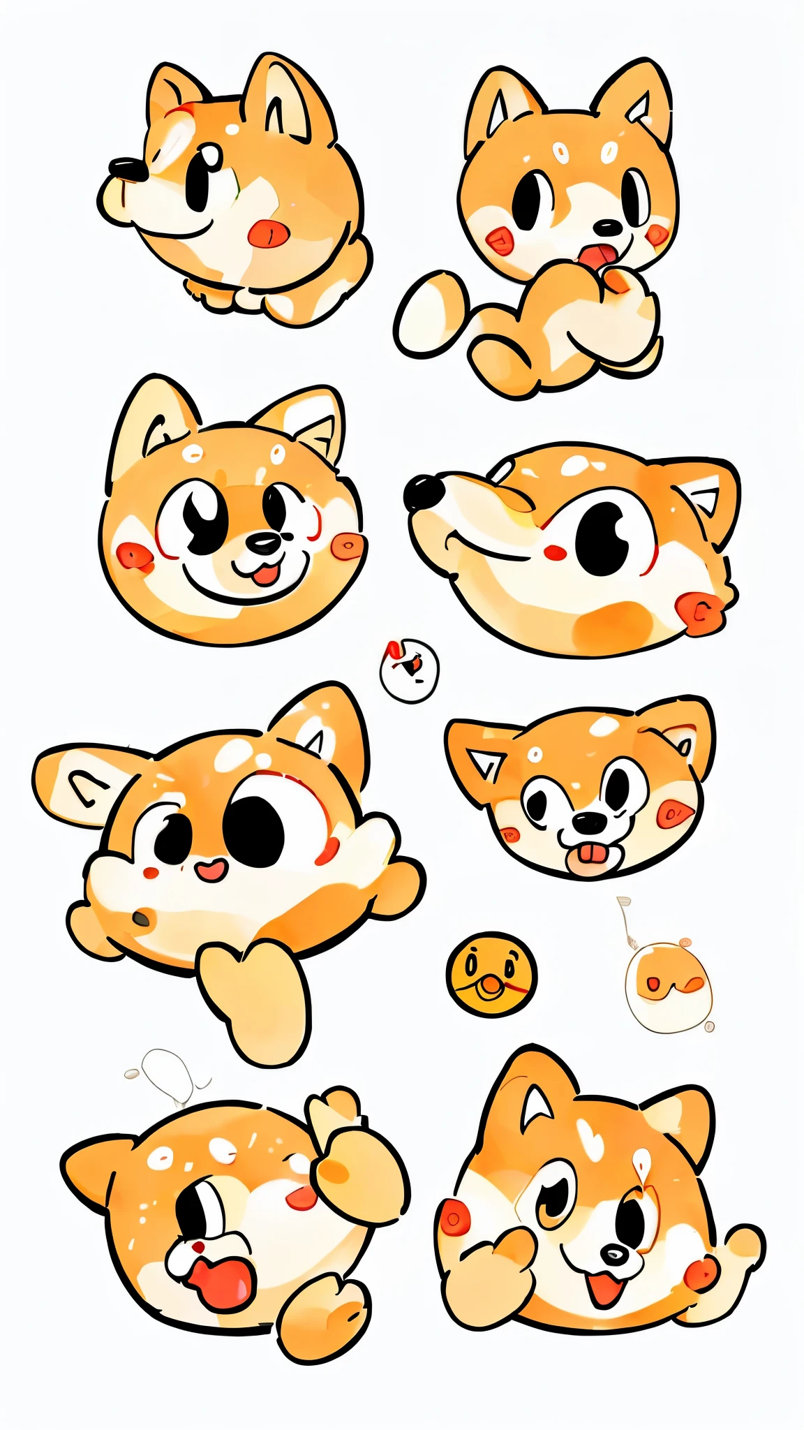 A cute Shiba lnu，multiple poss and expressions, the style of line
drawing style, dark white, light beige, loose gestures,
 line work, lacquer painting, thick texture,style
cute, emoji as illustration set, with bold manga line
style, dynamic pose dark white,f/64 grouprelated
characters