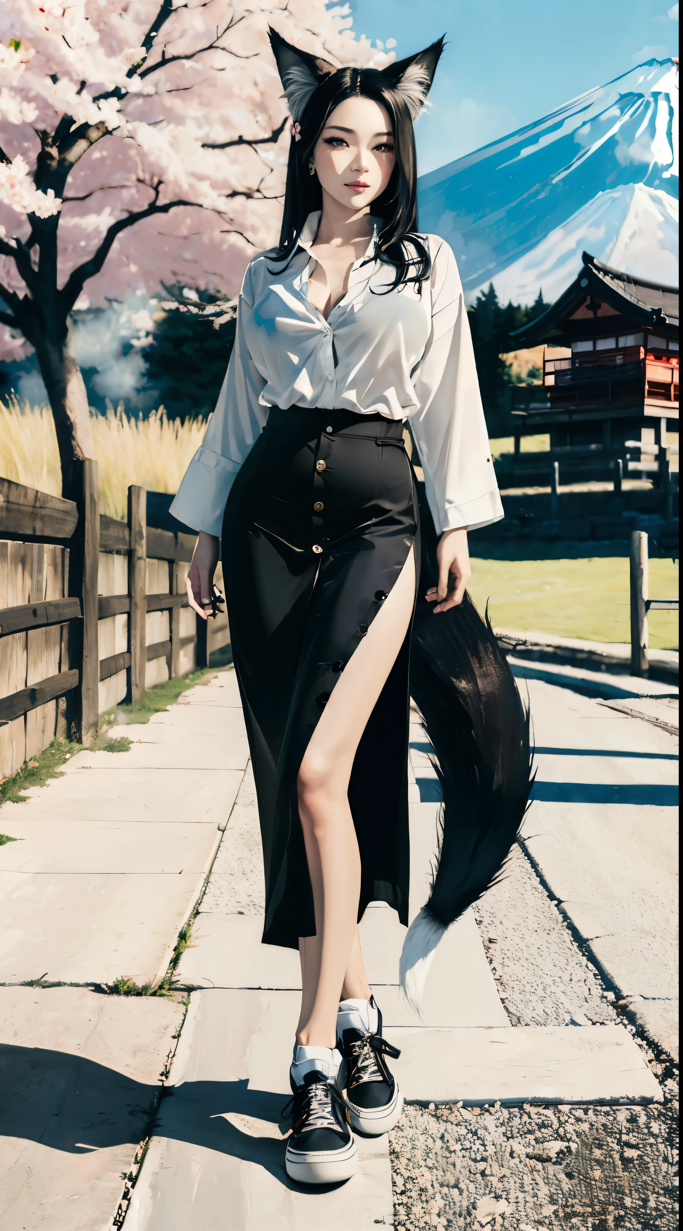 ((Beautiful 35_year_old japanese_yokai_woman with pale skin):1.5), ((long_black_hair and black_yokai_fox_ears and yokai_fox_tail):2), ((japanese_woodlands):1), ((sagging_breasts):1.8), ((breasts_apart):1.5), ((wearing loose_long_skirt and white_button_up_shirt and black_shoes):2), ((full_body_photo):2), (smooth_skin), (perfect_fingers), ((better_eyes):1.2), ((bright_sunlight):1), ((perfect_face):2), ((beautiful_face):1.8), ((feminine_face):1.8), ((grassy_plain and cumulus_clouds):1), ((mount_fuji in distance and sakura_tree_blossoms):1.3), ((perfect_body):2), (perfect_hands), ((best_quality):1.6), (perfect_fabric):1.2), ((Masterpiece):1.6), ((Hyper_Realism):1.4), ((perfect_pose):1.2)