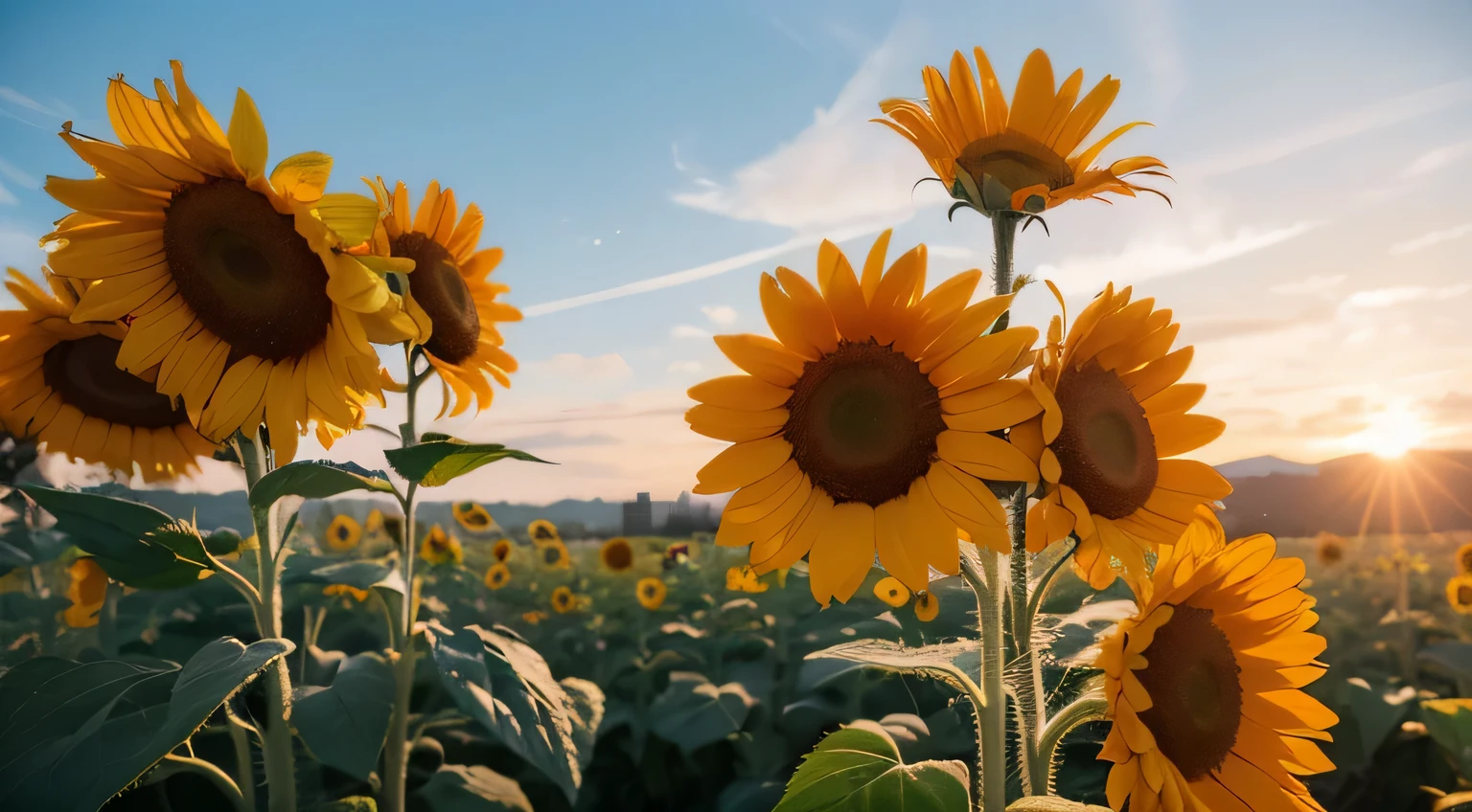 Two sunflowers facing the sun，Blue sky and white clouds，Pay attention to context，The sunflower in front is the biggest，Add details，