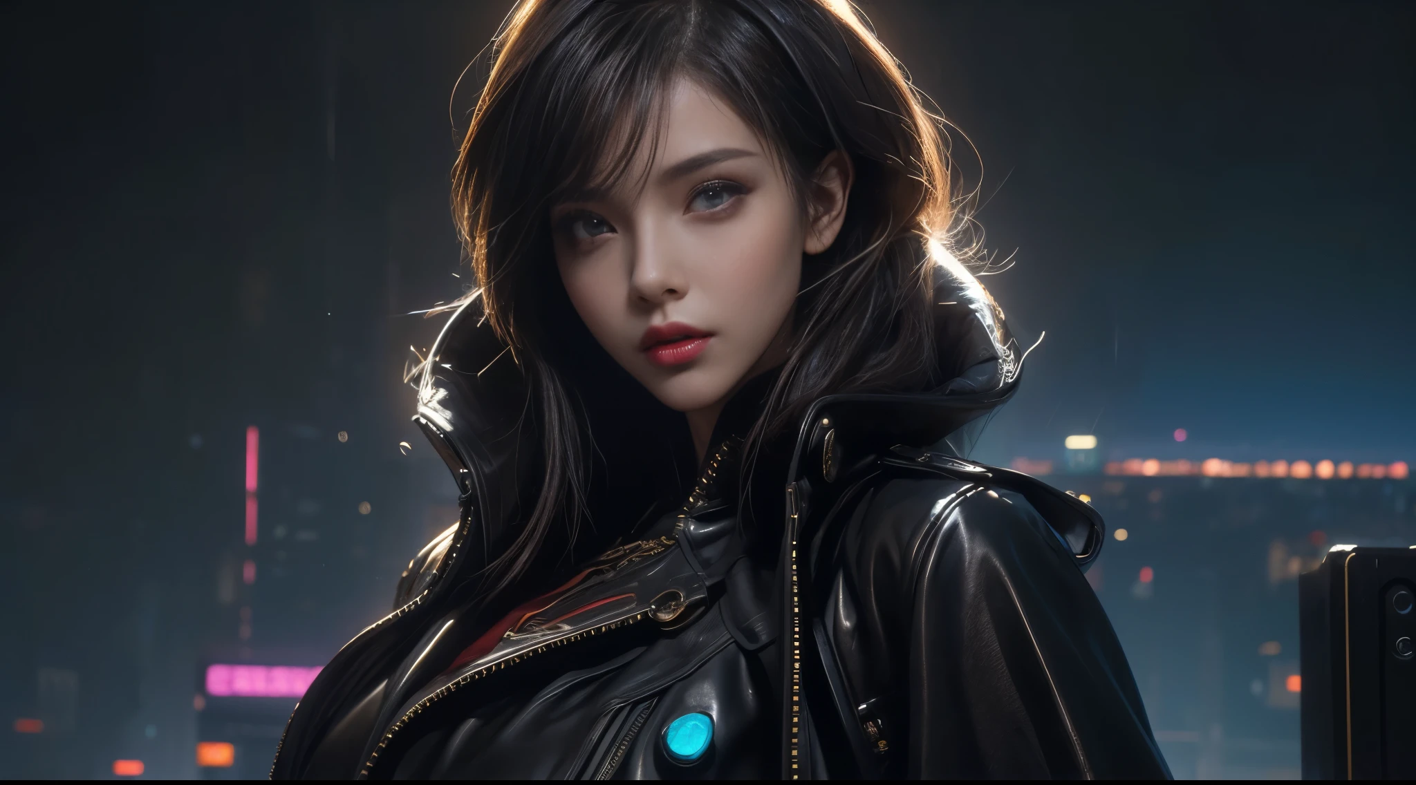 masterpiece，quality，Best quality，official art，（Beauty and aesthetics：1.2），（masterpiece：1.3），The cities of the future，cyberpunk characters，a girl，sexy leather clothes，looking at camera，（close lens：1.8），volume fog，rain，night，dramatic