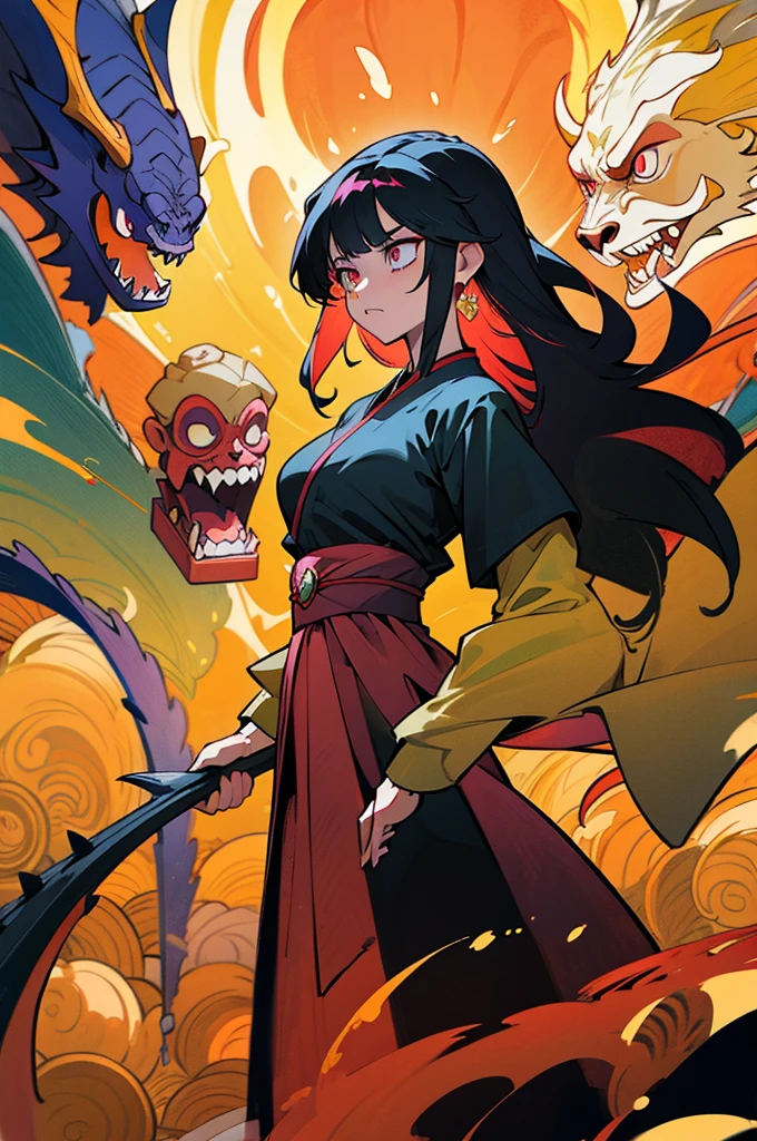 Amazing illustration of the dragon behind the beautiful girl, dark magician gils, cabello rubio y largo, ojos verdes, labios rojos, Hermoso kimono negro con rosado, Masutepiece, A golden dragon surrounded by gold dust, viento, DIOS, Cuerpo largo y ondulado, Colmillos, fantasy, mito, alta calidad, Altamente detallado, Masutepiece, epopeya, Particle effect, dynamic effects, Los ojos son cristales, Buena suerte, fondo dorado, Wealth is on the rise, oro, una cabeza, realista, Dragon God, El fondo es dorado, 7 colores de brillo, grandes,