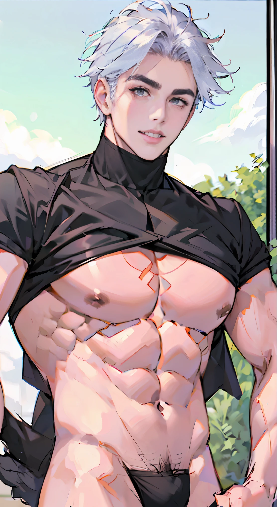 gay male model photos, sports, 22 years old, tilt, beefy,  short hair,  sharp focus, digital SLR, super quality,8k ultra high definition, high detail, Super real photos,  , ((Realistic skin), ((pores)), ((high detail皮肤)), Volumetric light, groin, (absurd, a high resolution, Ultra detailed, hdr), Men&#39;s upper body，Masterpiece, Best quality, Detailed face，Handsome, short hair, finely eye and detailed face, Light smile, whole body, White and gray hair color,Topless, （anatomically correct），Have the perfect figure，Huge bulge，abdominal muscles，chest muscle， [ A well-defined body ]，