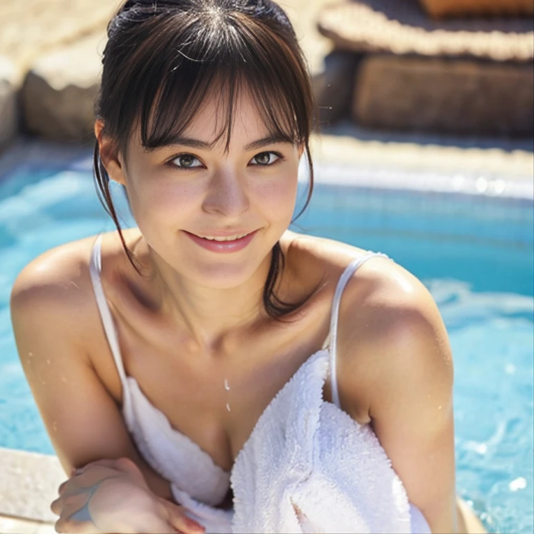 onsen, no towel, all body ,(huge breasts:1.3), 1girl, ((Lori face:1.2)),beatiful eyes, cute face, cute eyes,((closes mouth,shyly smile)),beatiful nipples, rating:questionable, (large breasts:1.3), covered navel, brown eyes, looking at viewer, hair between eyes, beatiful nude, long hair, blush, solo, wet, collarbone, covering, bangs, partially submerged, rock, eyebrows visible through hair, water, nude, soaking feet, silver hair, see-through, cleavage, mole, cute nipples, naked towel, closed mouth, bathing, thighs, sidelocks,puuzaki puuna,(masterpiece:1.4),(best quality:1.4),Yukino,high single hair bun, short hair with long locks, wavy hair, no towel
