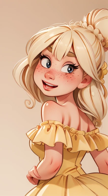 ((best quality, masterpiece:1.2), detailed face: 1.1) rizdraws) ultra-detailed face, soft pointed features, ultra high res, 1 (18yo), australian, looking at viewer, pale skin tone, face freckles, (long blonde floating hair), (small bust: 1.2), (blushing), (wearing "belle" beuaty and the beast costume), (gold long gown), (off the shoulder), (brunette wig (bun))