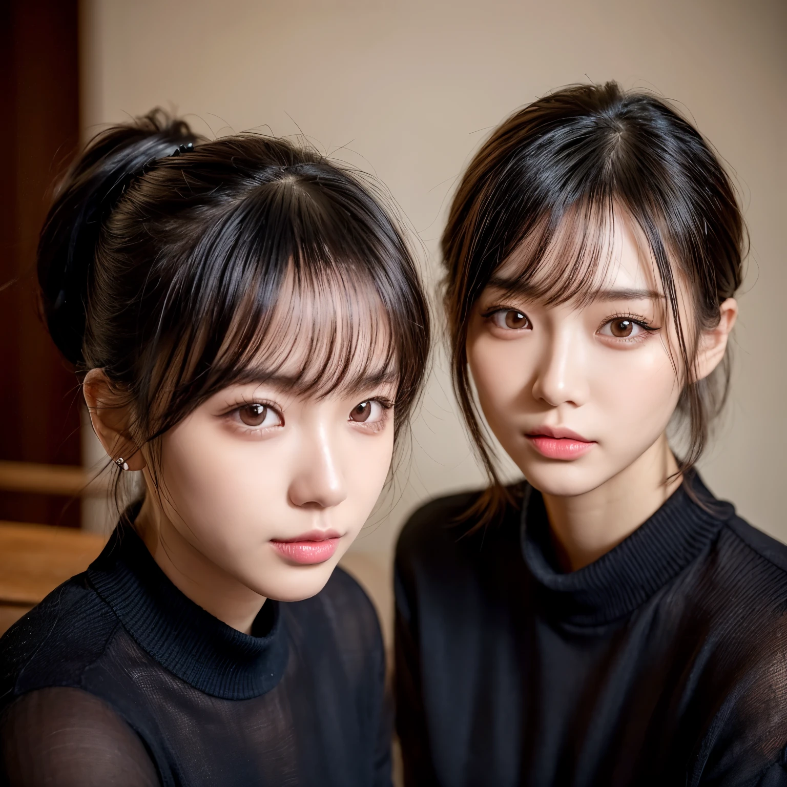 highest quality, 超High resolution, (realistic:1.4),sunset light, ponytail, korean woman, detailed pictures, smile, sexy, black shirt, facing camera, close (masterpiece: 1.3), (8K, realistic, highest quality: 1.4), (1 girl), beautiful face, (realistic face), (black hair, short hair: 1.3), beautiful hairstyle, realistic eyes, beautiful detail eyes, (realistic skin), Shining beautiful skin, (sweater), absurd, Charm, 超High resolution, surreal, High resolution, golden ratio