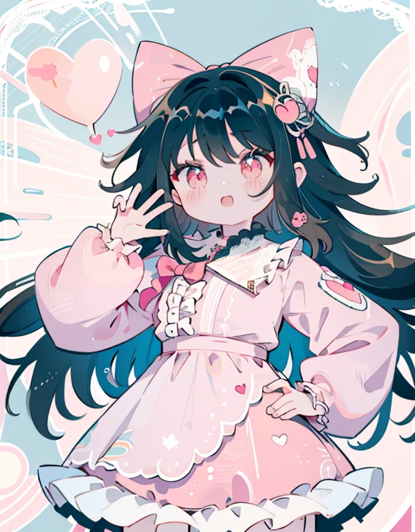 azhiichigo style，big eyes, thick lines, cute,,uekura.KoiKo,,upper body,.\(Style\):kawaii style,,position\):\1girl,,..\(Appearance\): Consistency,naughty face,smile,wavy hair,dark hair,crimson eye,..\(Clothing\):,(Clothes with lots of frills, lace and ribbons:1.2),(pastel color style:1.1),hand on hip,cheeky face,white and pink clothes,white and pink shoes,,..\(Behavior\):,..\(Location\): (surround,heart-shaped gem, starry heart),,..\(Quality\): best quality,masterpiece,,.,