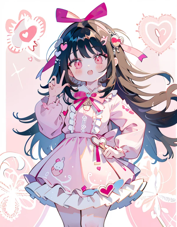 azhiichigo style,big eyes, thick lines, cute,,uekura.KoiKo,,upper body,.\(Style\):kawaii style,,position\):\1girl,,..\(Appearance\): Consistency,naughty face,smile,wavy hair,dark hair,crimson eye,..\(Clothing\):,(Clothes with lots of frills, lace and ribbons:1.2),(pastel color style:1.1),hand on hip,cheeky face,white and pink clothes,white and pink shoes,,..\(Behavior\):,..\(Location\): (surround,heart-shaped gem, starry heart),,..\(Quality\): best quality,masterpiece,,.,