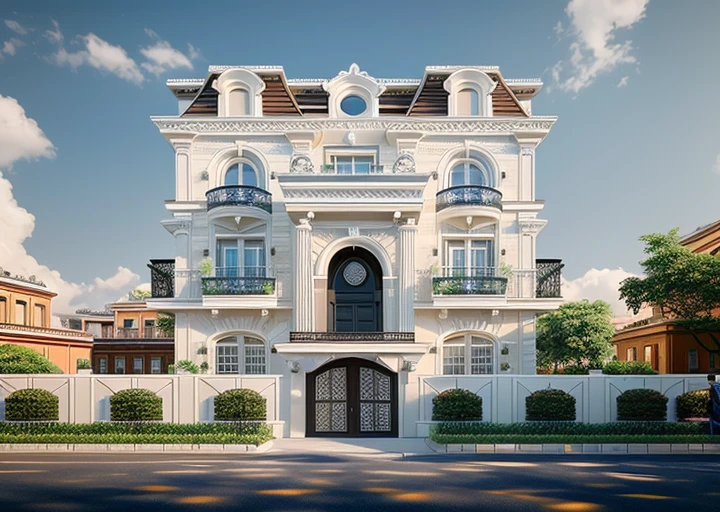 a rendering of a row of modern apartment buildings with balconies, neo - classical style, neo - classical, neo-classical, wide angle exterior 2022, precise architectural rendering, neoclassical style, exterior design, inter dimensional villa, high quality rendering, architectural rendering, residential, neo classical architecture, ultra realistic rendering, rich house, architectural visualization