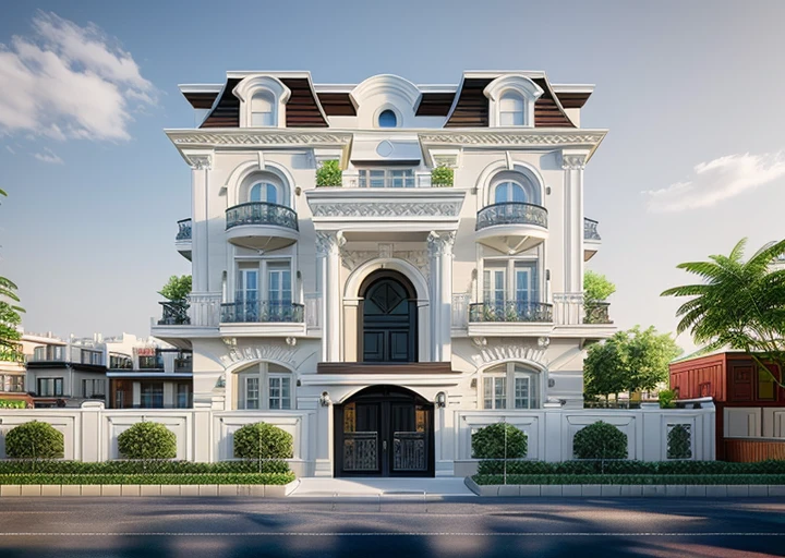 a rendering of a row of modern apartment buildings with balconies, neo - classical style, neo - classical, neo-classical, wide angle exterior 2022, precise architectural rendering, neoclassical style, exterior design, inter dimensional villa, high quality rendering, architectural rendering, residential, neo classical architecture, ultra realistic rendering, rich house, architectural visualization