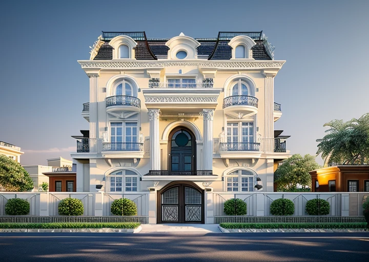 a rendering of a row of modern apartment buildings with balconies, neo - classical style, neo - classical, neo-classical, wide angle exterior 2022, precise architectural rendering, neoclassical style, exterior design, inter dimensional villa, high quality rendering, architectural rendering, residential, neo classical architecture, ultra realistic rendering, rich house, architectural visualization