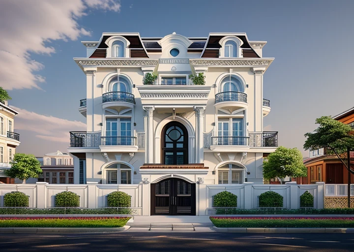 a rendering of a row of modern apartment buildings with balconies, neo - classical style, neo - classical, neo-classical, wide angle exterior 2022, precise architectural rendering, neoclassical style, exterior design, inter dimensional villa, high quality rendering, architectural rendering, residential, neo classical architecture, ultra realistic rendering, rich house, architectural visualization