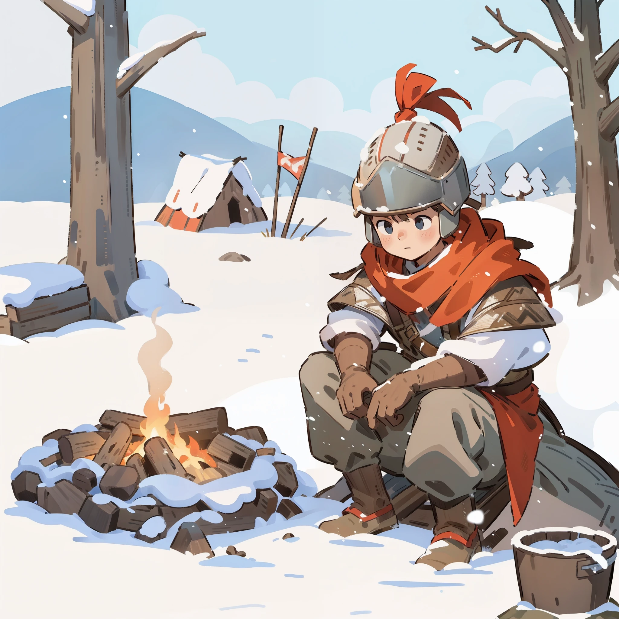 white snow, that tree, snow, cloth tent,bucket,wood,snow,drifting snow,Soldier,bonfire,panoramic, 燃烧的bonfire旁的地上,wood,远处是一个cloth tentthat tree木和雪山, wasteland, white snow, 那个that tree, snow, panoramic, side