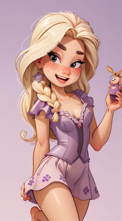 ((best quality, masterpiece:1.2), detailed face: 1.1) rizdraws) ultra-detailed face, soft pointed features, ultra high res, 1 (18yo), australian, looking at viewer, pale skin tone, face freckles, (long blonde floating hair), (small bust: 1.2), (blushing), (wearing "rapunzel" disney tangled costume) (long flowing purple skirt) (lavendar laced bustier) (long plait wig) (no shoes) (barefeet on grass)