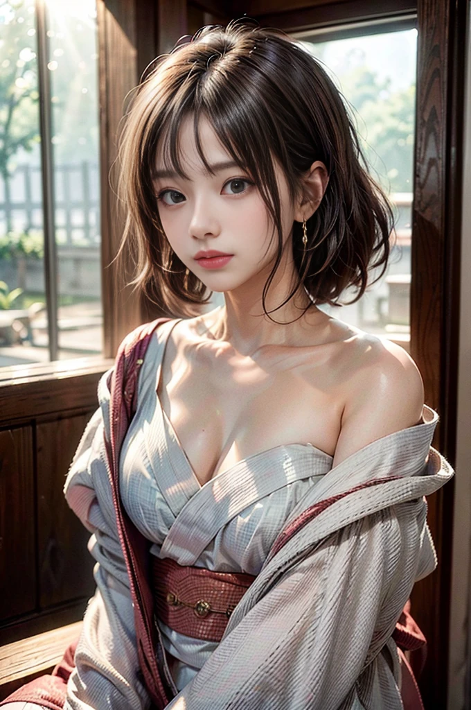 ((RAW shooting:1.5)), (photorealistic:1.5, muste piece:1.5, 8K), (highest quality, masterpiece, ultra high resolution), morning, Shrine precincts, ((fog the lens:1.4)), ((Shoot with blur:1.5)), ((sunrise, Sunlight coming in from behind:1.6, Strong sunlight spreads across the screen:1.6)), ((Strong sunlight shines on a woman:1.7)), ((The entire screen appears white and hazy due to strong sunlight.:1.8)), ((The woman looks blurry due to the strong sunlight:1.9)), Professional camera work:1.3, Highly detailed skin and facial texture:1.3, Grow Light Effect, super detail:1.3, 1 girl, fair skin, glossy skin, (Sense of clarity:1.4, small face), extremely beautiful face:1.5, (Sense of clarityを感じる目:0.9, looking far away), A smile:1.0, (mouth slightly open:0.4, Sense of clarityを感じる口当たり:0.7), double eyelid, Dark brown medium hair, necklace and earrings, (Wearing a pink kimono correctly Off-shoulder)