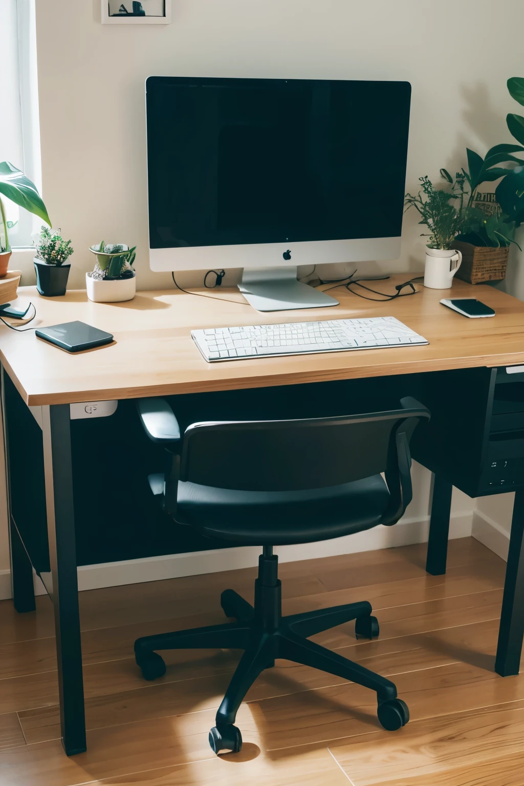 highres,detailed,realistic computer desktop with elevated stand,professional,modern office setup,keyboard,mouse,monitor,ergonomic chair,organized cables,clean and tidy workspace,inspirational wallpaper,ambient lighting,plants,coffee cup,pen holder,clock,notebook,calendar,comfortable atmosphere