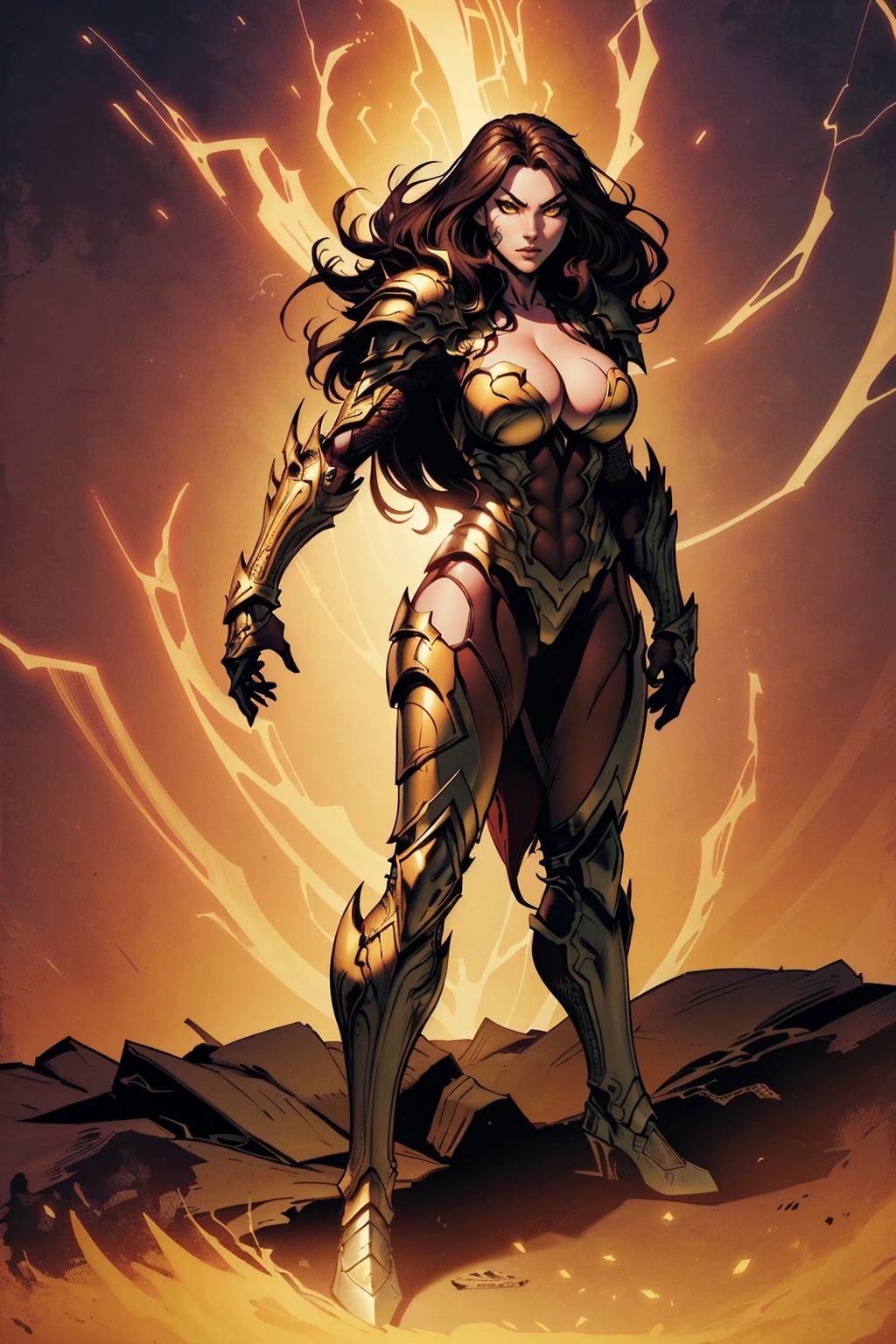 Witchblade Style, 1girl, solo, long hair, brown hair, cleavage, very long hair, yellow eyes, boots, armor, shoulder armor, clenched hand, colored sclera, pauldrons, black sclera, armor