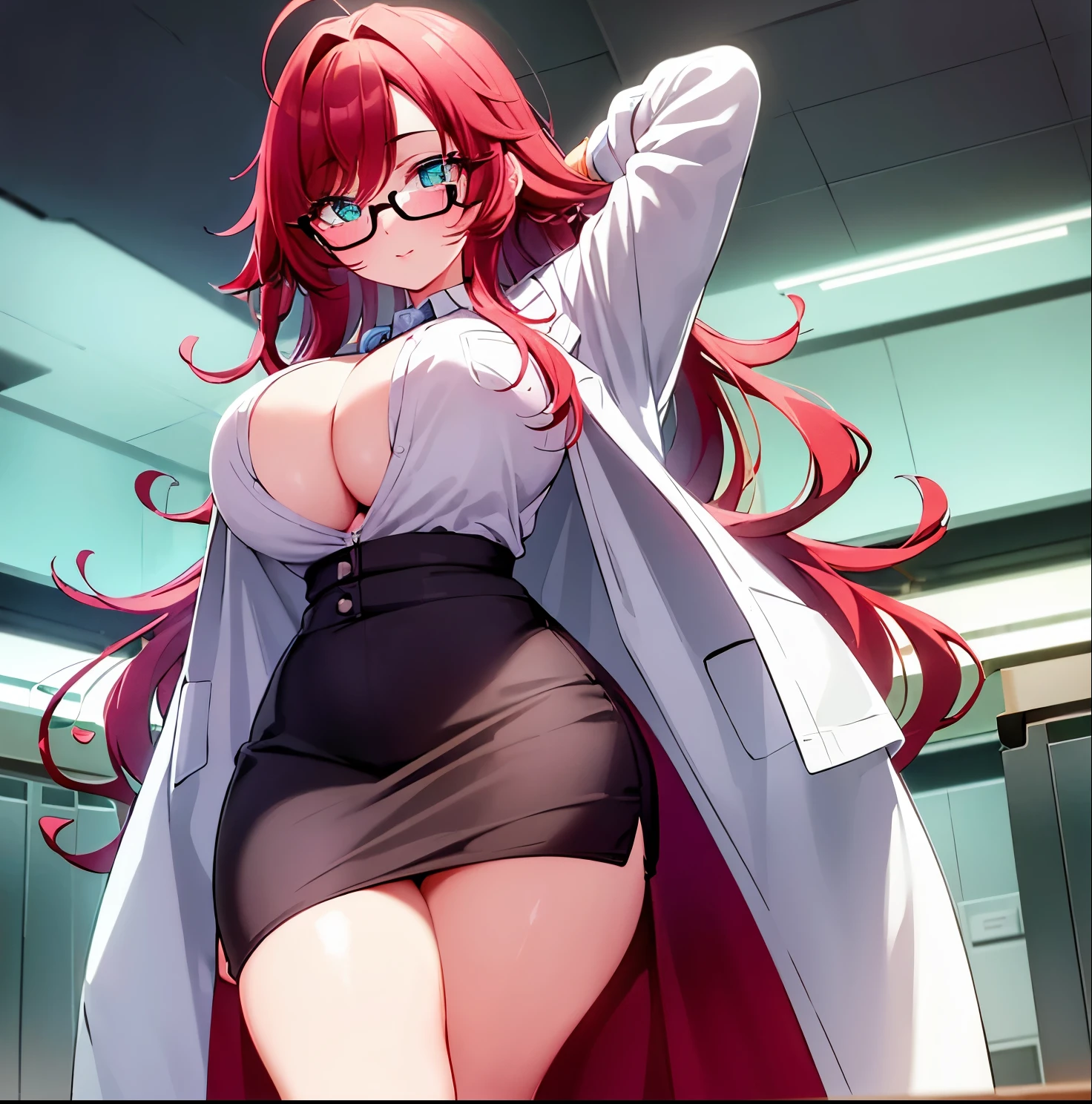 A girl in laboratory, bent over, pencil skirt, looking at viewer,   1girl, alone, kusuri yakuzen, large breasts, red hair, turquoise eyes, long hair, eyewears, glasses, labcoat, dutch angle, messy hair,big breasts, medium waist, wide hips, medium thighs, good anatomy, good hands