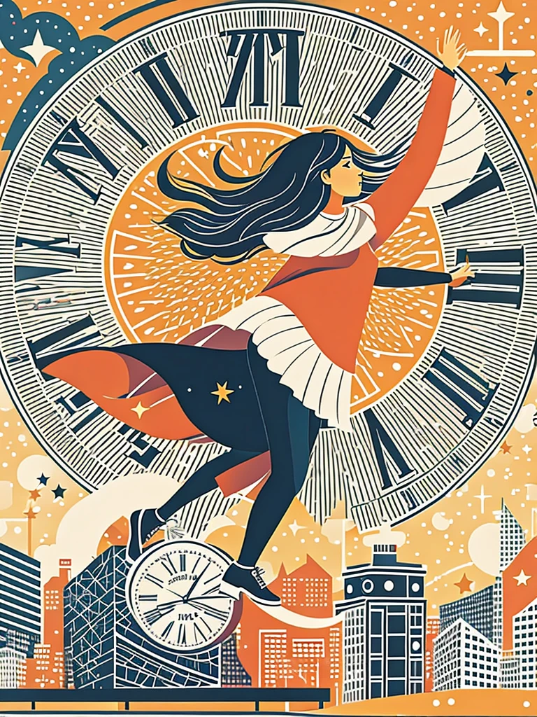 new year，New Year，Countdown to New Year’s Eve，flat illustration，flat illustration，A girl stands on top of a super big clock and runs forward，full of imagination，warm scene，festive，Vector illustration