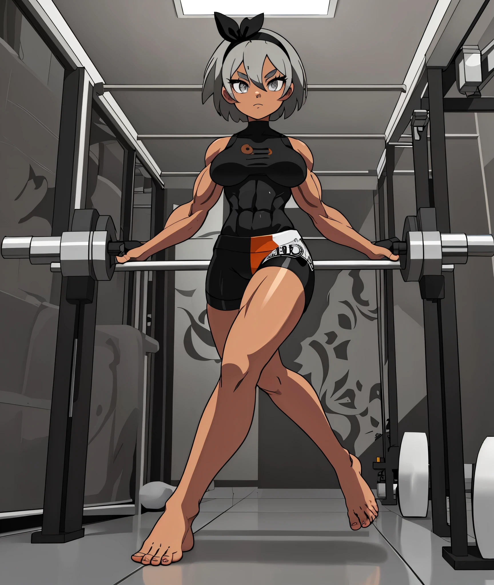 [bea], [pokemon], [uploaded to e621.net; (napalm_express)], ((masterpiece)), ((HD)), ((high res)), ((solo portrait)), ((full body)), ((front view)), ((feet visible)), ((detailed shading)), ((beautiful render art)), ((intricate details)), {anime girl; (dark-toned skin), (cute grey eyes), (short eyelashes), short white hair, (curvy hips), (defined muscles), (beautiful muscular legs), (beautiful feet), (expressionless)}, {(black yoga bodysuit), (spandex yoga shorts), (black hairband)}, {(dynamic pose), (looking at viewer)}, [background; (gym), (gym equipment), (ceiling lights), (ambient lighting)]
