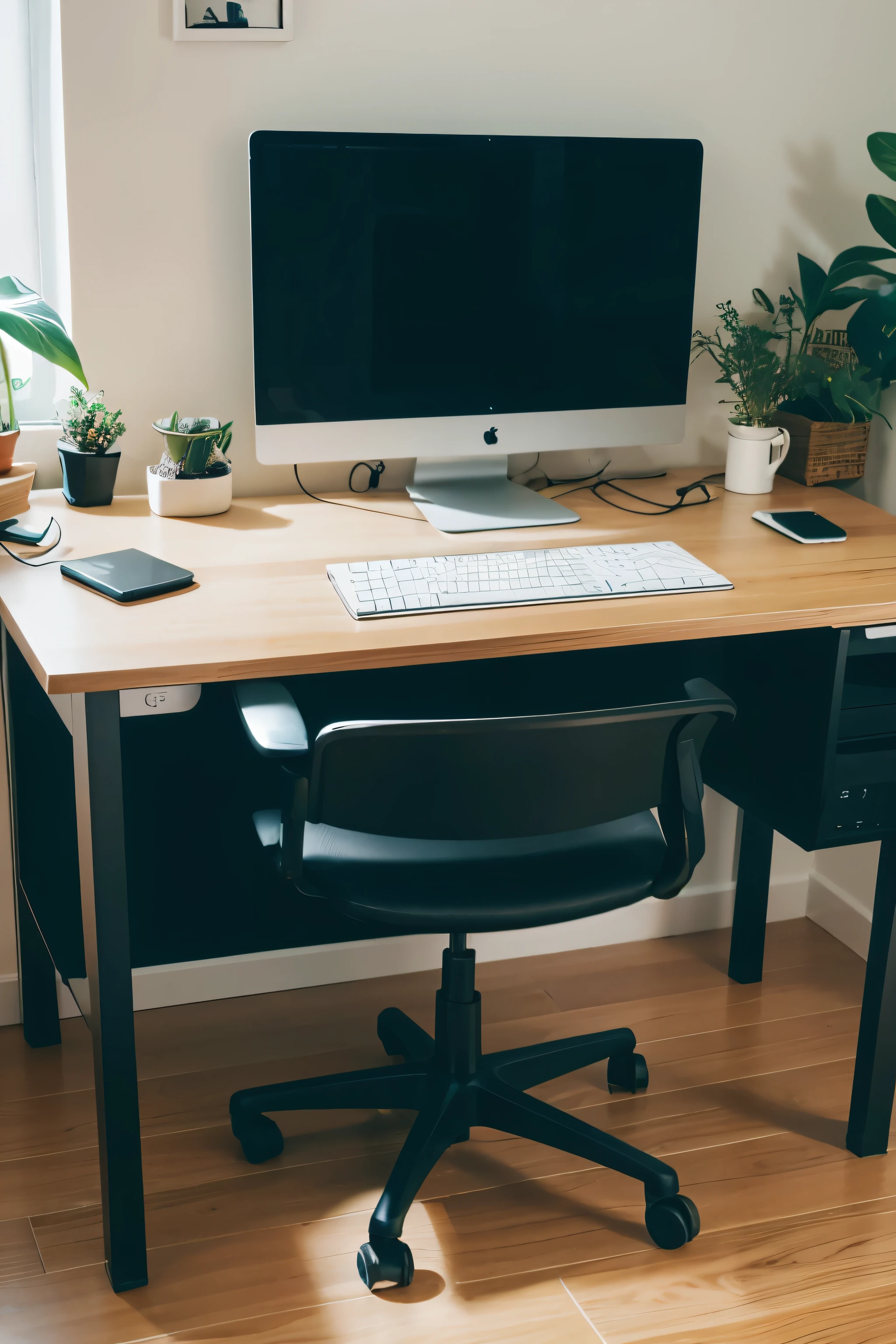 highres,detailed,realistic computer desktop with elevated stand,professional,modern office setup,keyboard,mouse,monitor,ergonomic chair,organized cables,clean and tidy workspace,inspirational wallpaper,ambient lighting,plants,coffee cup,pen holder,clock,notebook,calendar,comfortable atmosphere