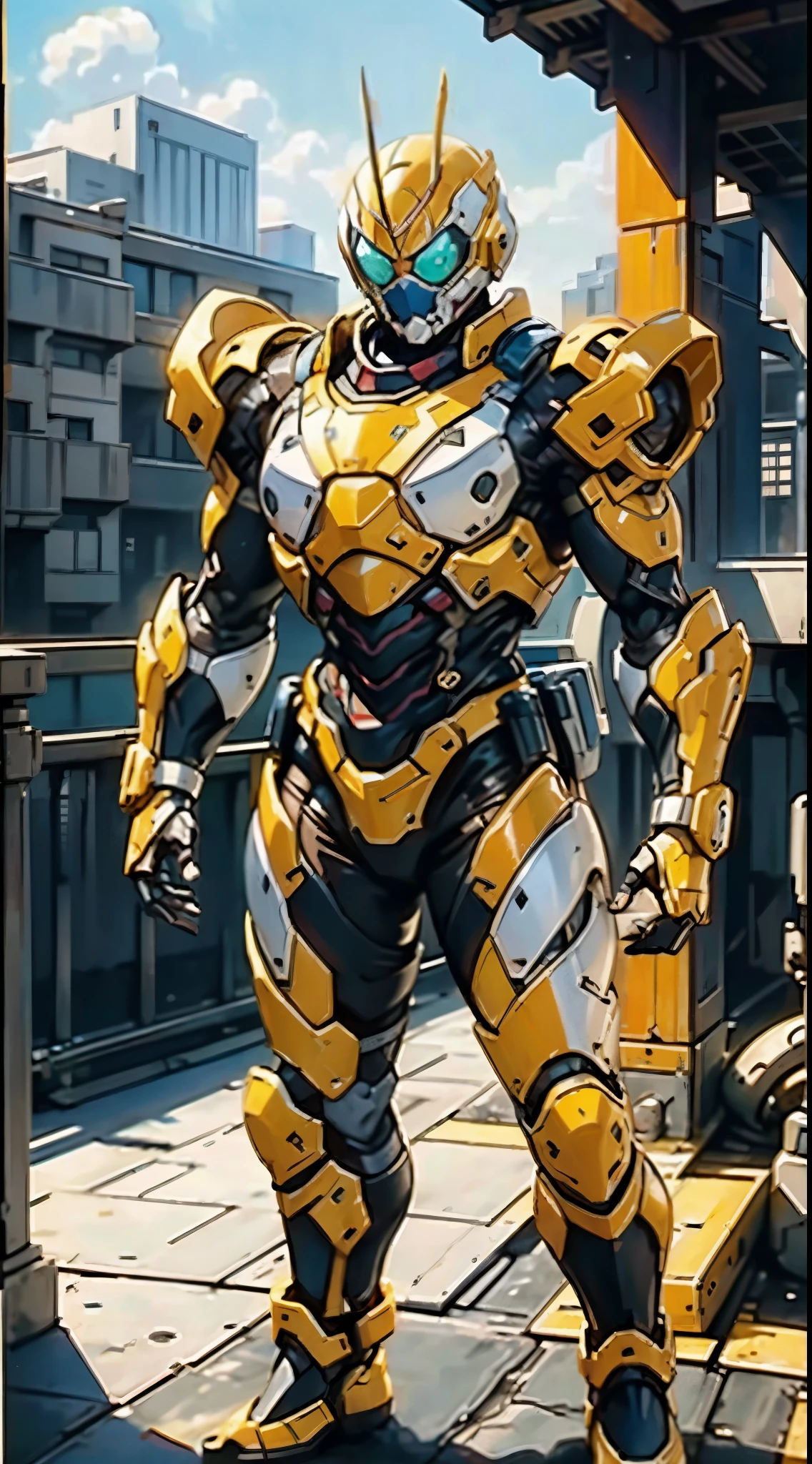 A super a high-tech biotech battle suit, standing on a rooftop, looking over the city, Japanese tokusatsu and American comic style, biometallic texture of the suit, sleek and shiny, dynamic, fast, natural light, cinematic, high quality, high resolution, high detail, sophisticated design, dramatic, high definition, ultra-detailed, ultra-fine painting, extremely delicate, creativity, Natural light, cinematic lighting, best shadow, masterpiece-anatomy-perfect