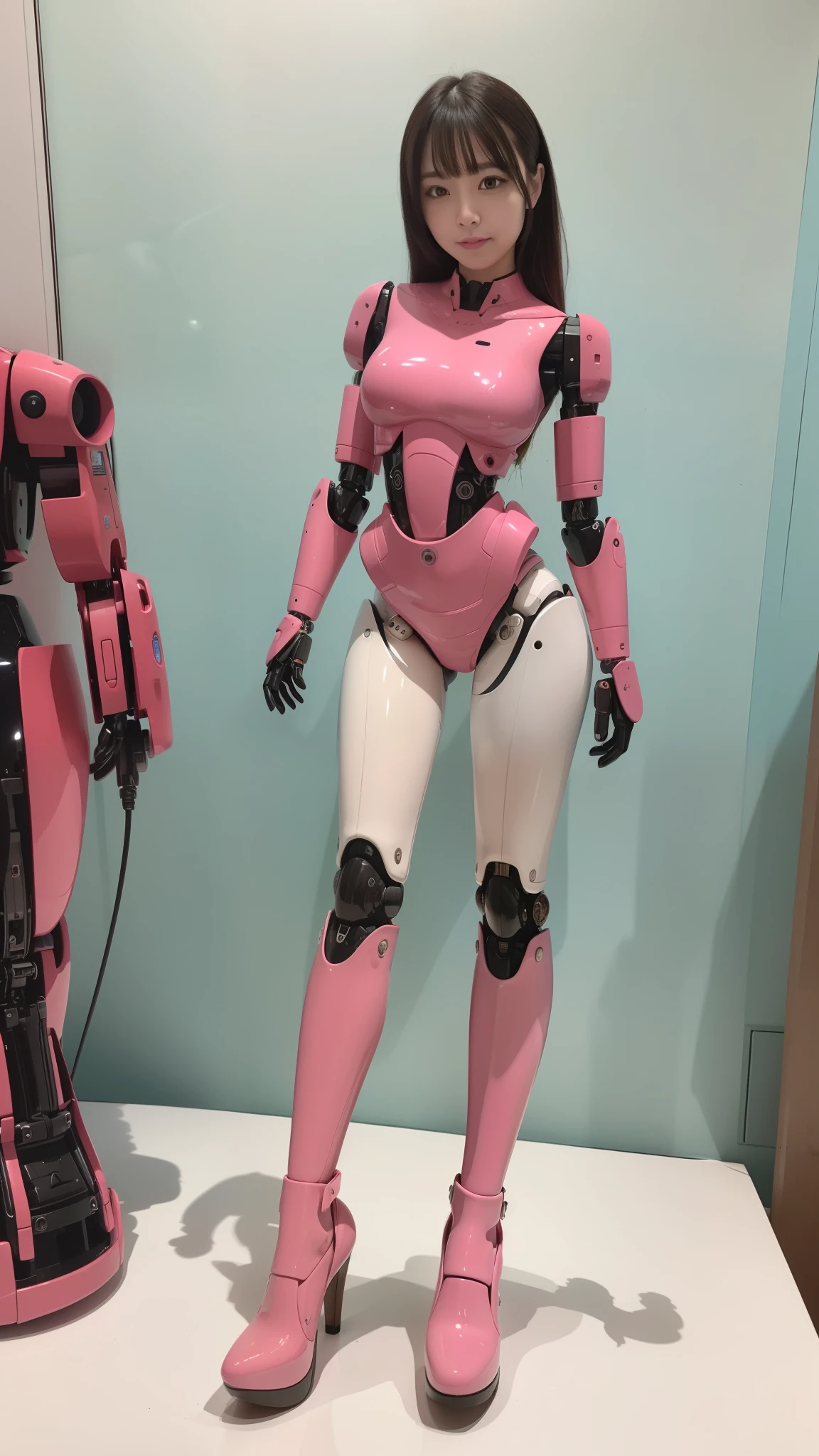 masterpiece, best quality, extremely detailed, (8K, 4K, Best Quality, Hight resolution, 超A high resolution:1.1), 8K portrait,1girl in, Japanese android girl, android teacher, control panels, android, Droid, Mechanical Hand, ,Robot arms and legs, Black hair, Mechanical body, Blunt bangs, Pink Robotics Parts, perfect robot woman, Charging spot, Long Tube, A thick cable was connected to her neck, ceramic body , android, robot humanoid, panty, full eyes, perfect mechanical body, pink robotics body, future assembly plant, Pink body, She has repaired, lack sponge joints, android assembly plant, android, laboratory, platform boots, perfect machine body, pink robot body