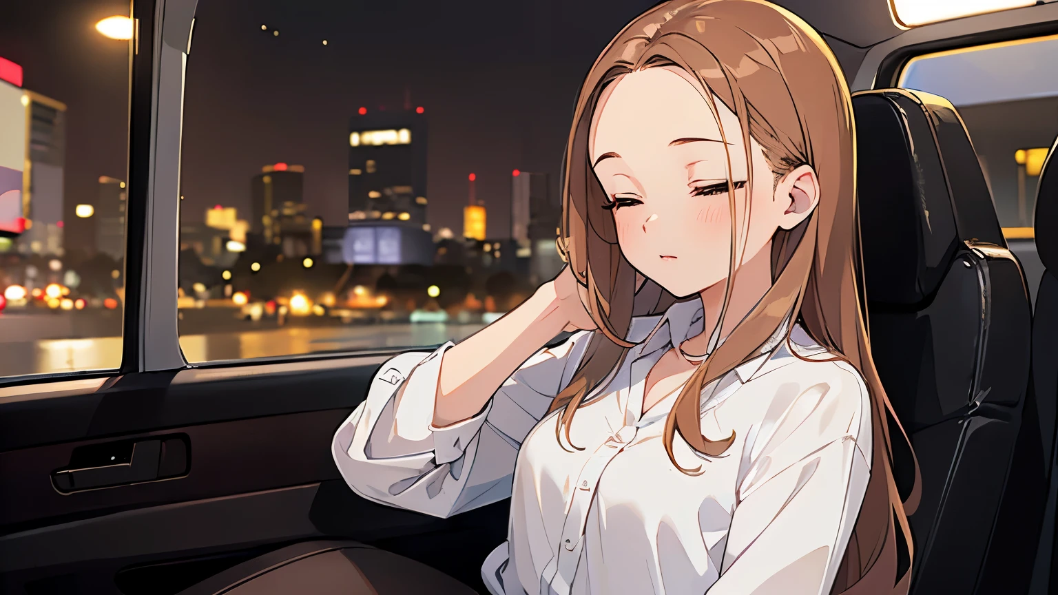 Leaning on people, masterpiece、highest quality、 (night:1.5), (forehead:1.3), A 25-year-old woman with light chestnut medium-long hair and brown eyes.、front open shirt, Wearing a white blouse、blush, Closed eyes, sitting、The background is inside a taxi、Taxi seats、bold composition、Upper body is shown、