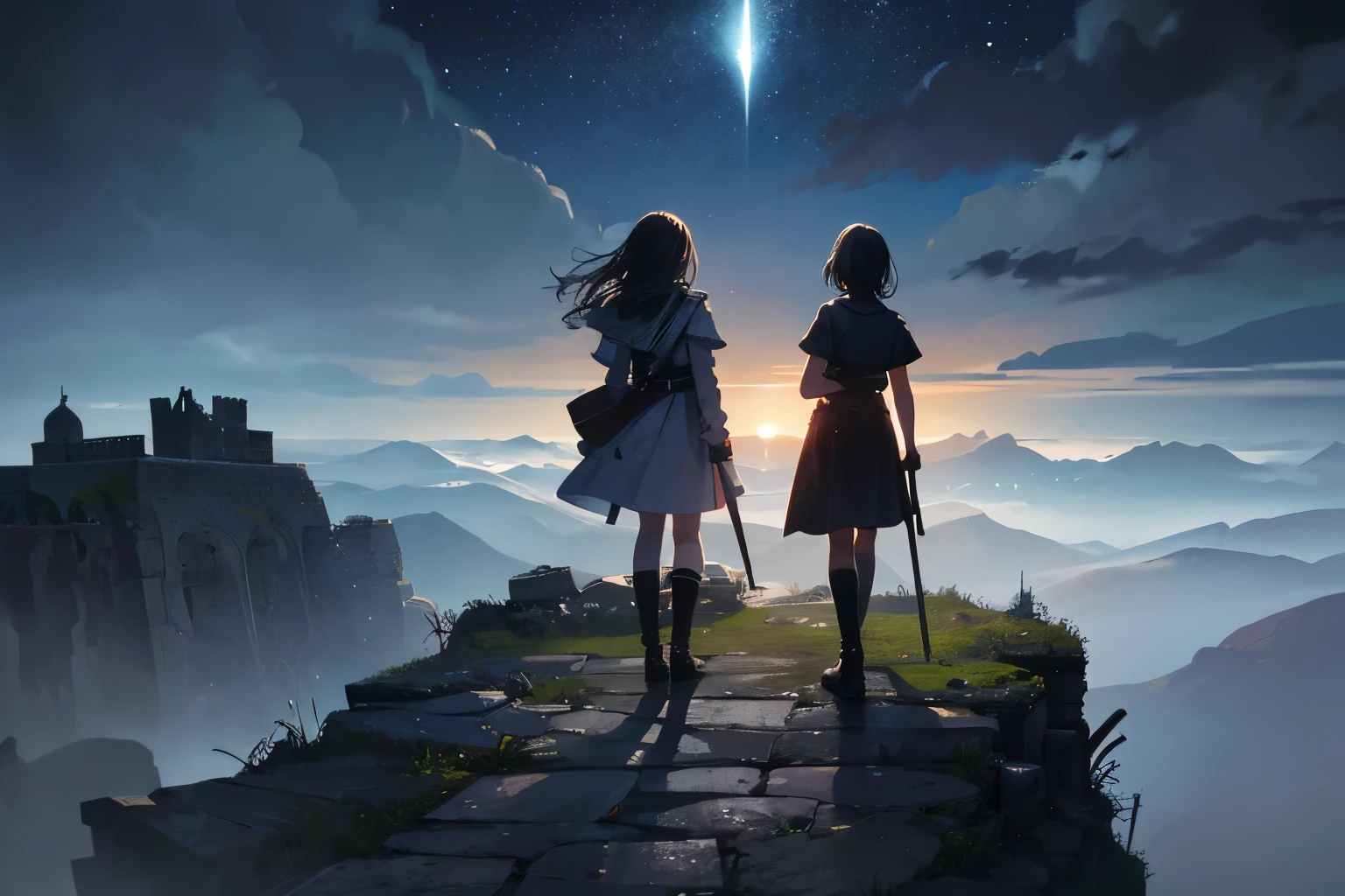 Generate a high-quality illustration of a  boy or girl exploring a desolate, ruined castle, set against a fantastical night sky. Craft a masterpiece with meticulous attention to detail, capturing the overall nostalgic and fantastical ambiance of the scene. Emphasize the eerie beauty of the dilapidated castle in the moonlit night, conveying a sense of both nostalgia and fantasy. Aim for the best possible quality, delivering a visually captivating and emotionally resonant composition. best quality, masterpiece