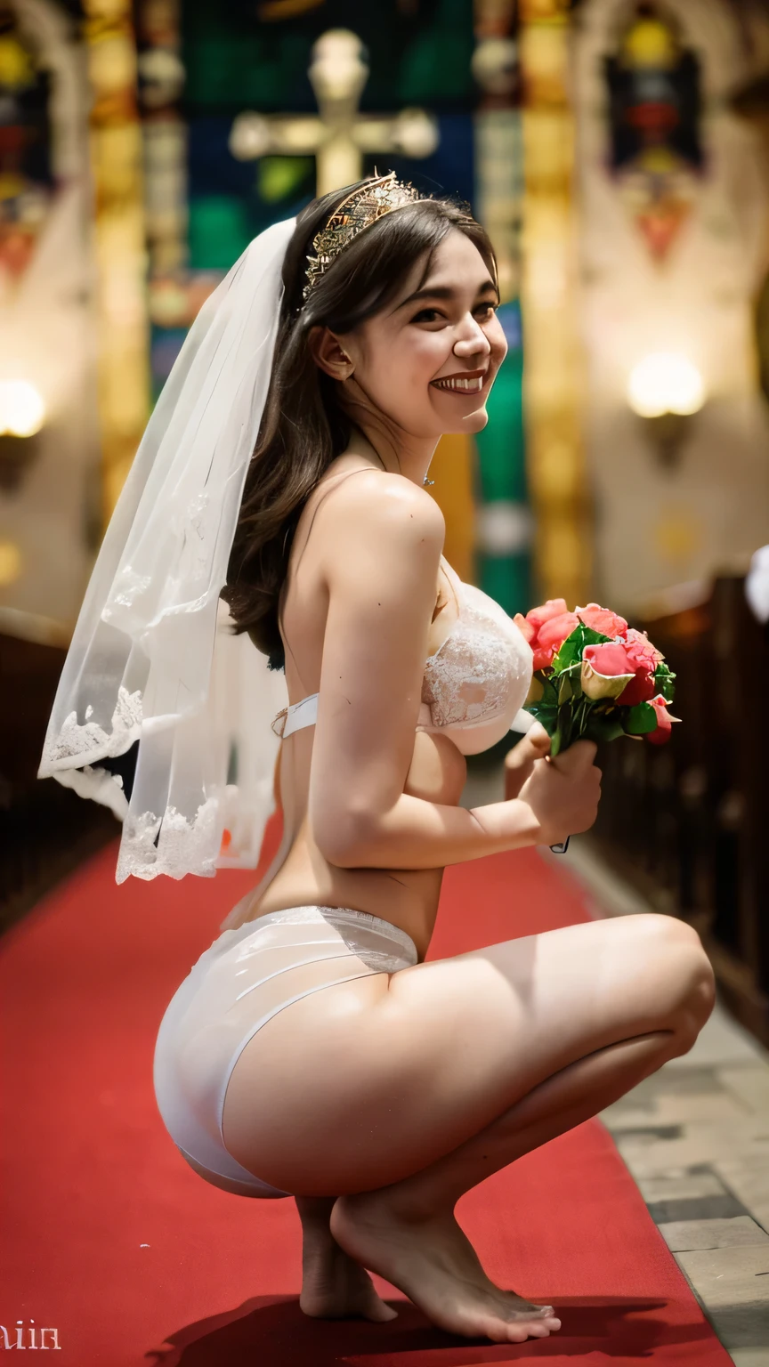 (​masterpiece、high-level image quality、hightquality),prety woman,, Innocent, 18year old, ((slim)), ((flat absinassive biggest huge, 豊満なtits out:1.4), White skin, Black eyes, White transparent bride veil, weddingdress, (sideboob barbosa), (underboob), Golden choker, Holding a bouquet of roses, marriage ring, ((squat in the church)), Sheer panties, Looking at the camera, Smiling, having fun, Happy, tits out,gravure,