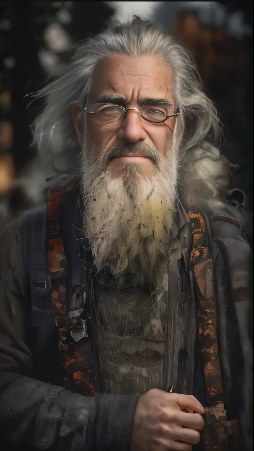 post-apocalypse, ruined city, soft lighting, Man, 40s, gray beard, eyeglasses, tactical trail clothing, backpack, woods