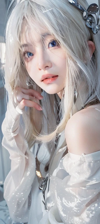 ((masterpiece)), (best quality), (detailed),(employment), (shining face, shining body), 1 girl, long white hair, effect, white on, blond eyes, huge, Not wearing, NSFW
