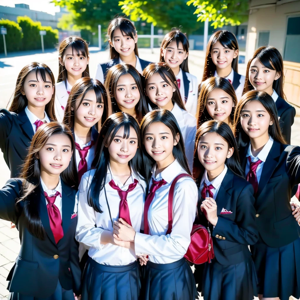 Raw photo、(((multiple girls))),((((6+girls)))),((((100girls)))),((((1000girls))))、((((100 Girls))))、women only、The same face、((matching school uniform))、((((Large group))))、************、Long black hair、100 cute high school girls on their way to school、smile、Commuting to school、School route、In the street、selfie、same person、high school student