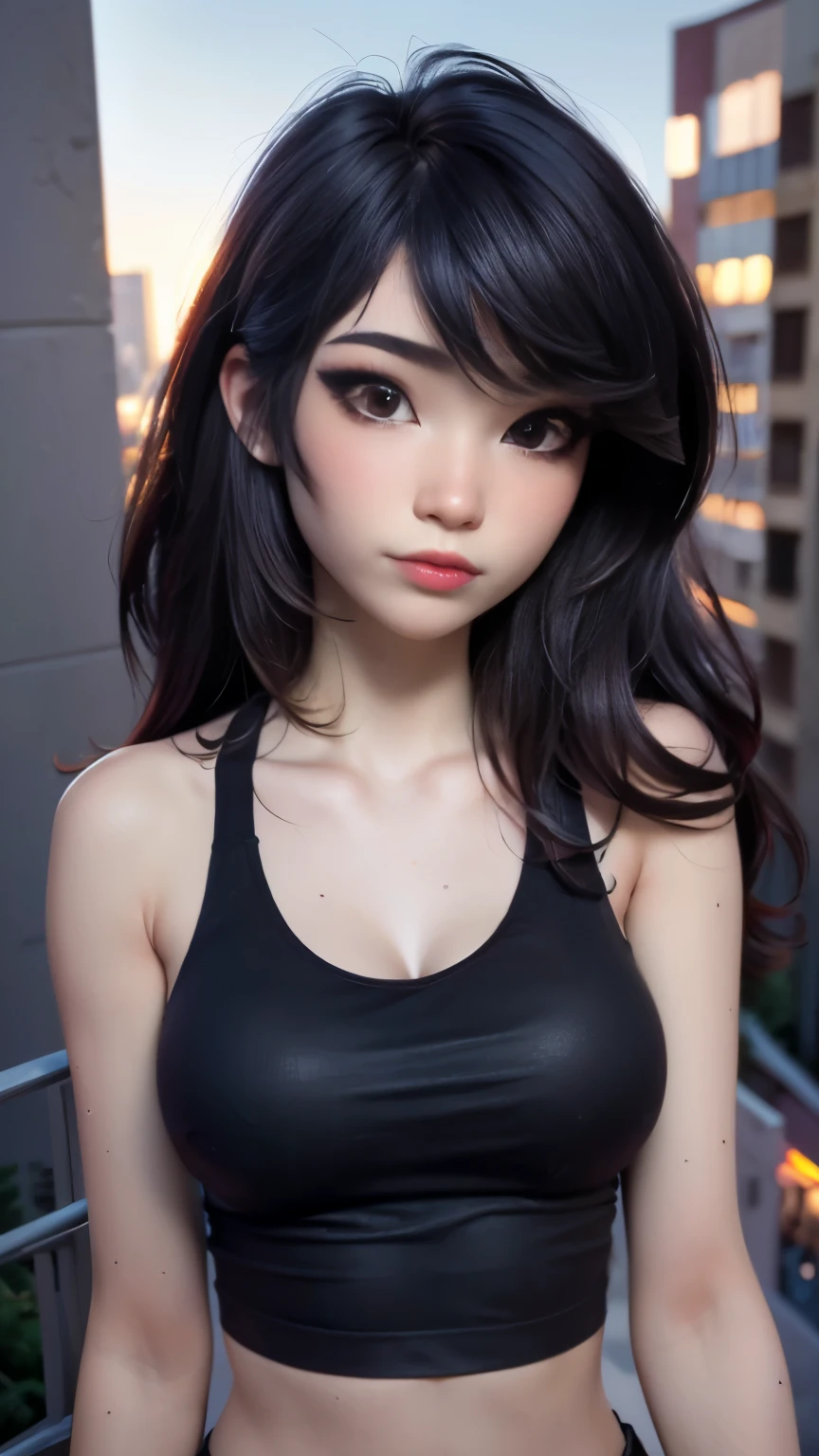 photo of Emiru, RAW, beautiful woman, ((portrait)), ((detailed face:1.2)), ((detailed facial feature, detailed skin, clear skin), (perfect proportioned body), (wearing a small tank top) (high detailed city environment, apartment balcony), (realistic photo, best quality, detailed), (8k wallpaper), (cinematic lighting, dramatic lighting) (sharp focus, intricate)