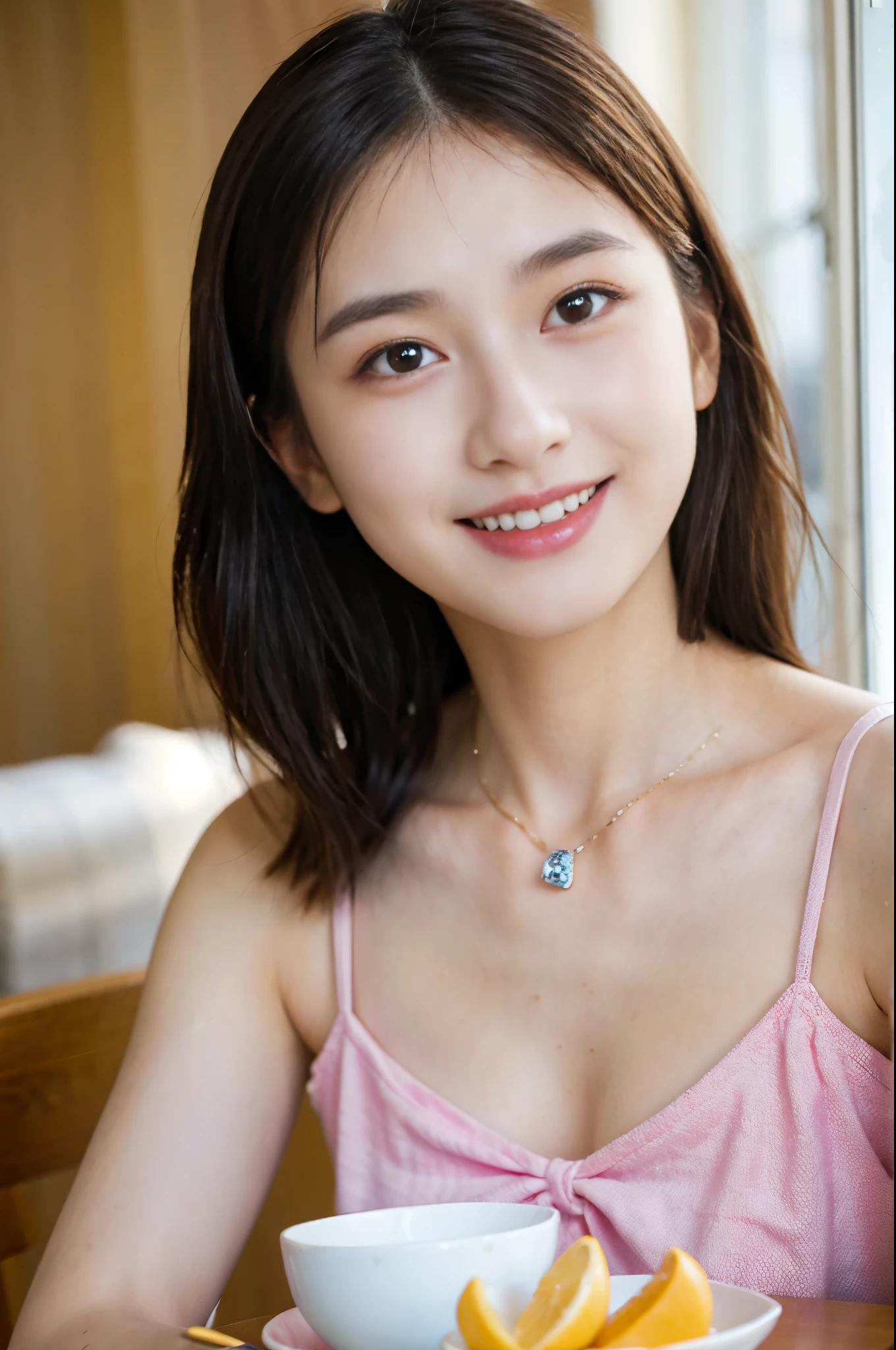 (8K、Live shooting、photorealistic:1.25)、1 girl、14 year old woman with a beautiful face、Open your mouth and laugh、profile、eat stew at the table、spoon、diamond necklace、one piece dress、fine eyes、lip gloss、long eyelashes beautiful look、shiny bare skin、highest quality、Super high resolution、