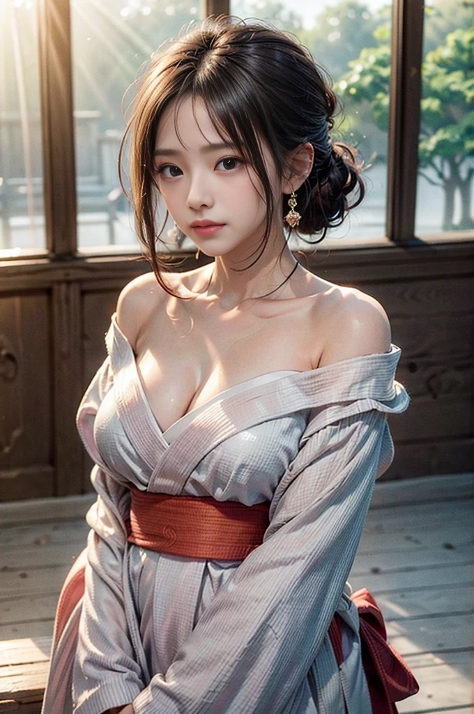 8K quality、High resolution、Realistic skin texture、High resolutionの瞳、woman、A grey yukata with the shoulders open、One-shoulder yukata、Princess Hair、thin、リアルなwoman性器、Small breasts、Realistic tongue、Gray Hair、thin脚、Wet body、Reader model、Slender model figure、Bold Pose、Shooting from below