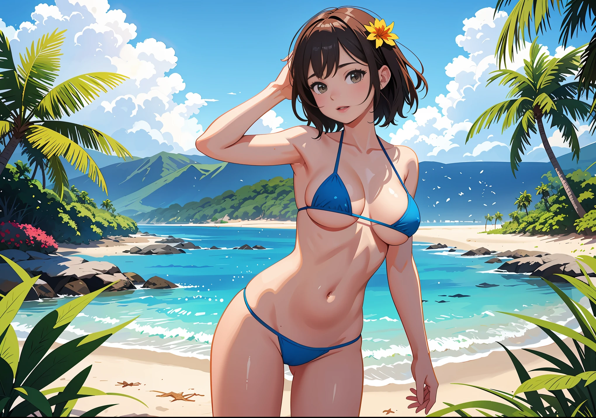 NSFW, (masterpiece,best quality:1.4),
high resolution, super fine illustration,
extremely cute and beautiful 10girls, All 18 year old,
They all wear colorful bikinis,
detailed skin, detailed face, detailed eyes,
slim, skinny thigh,
(Huge breasts:1.2), (Erect nipples), (underboob),
(Micro Bikini:1.2), (mini bikini:1.3), (thong:1.2), tanline,
Frolicking on the beach,
highly detailed back ground, beach, in the Oahu Hawaii,
Natural lighting,
beautiful sea,
Blue sky,
Summer Landscape,
Colorful Flowers,
(Perfect Anatomy), (Perfect hands), (Perfect fingers)