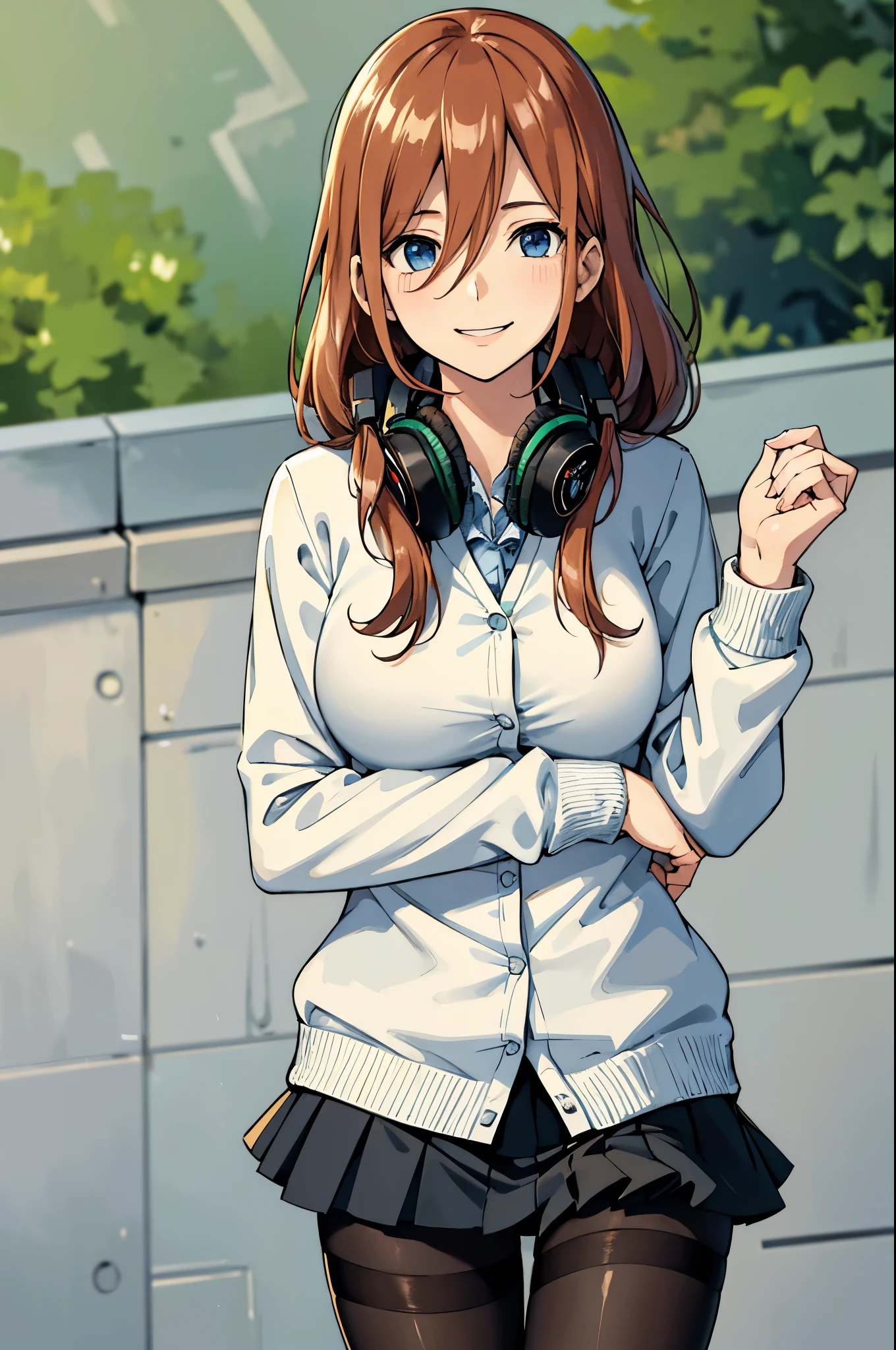 (masterpiece), best quality, expressive eyes, perfect face, highres,  l 1 girl, solo, miku nakano, long hair, bangs, blue eyes, brown hair, shirt, hair between eyes, headphones, cardigan, headphones around neck, skirt, shirt, long sleeves, white shirt, pantyhose, pleated skirt, black pantyhose, cardigan, green skirt, blue cardigan, outdoor, schoolyard, leaning forward, hands to back, smiling, standing, upper body portrait, looking at the viewer
